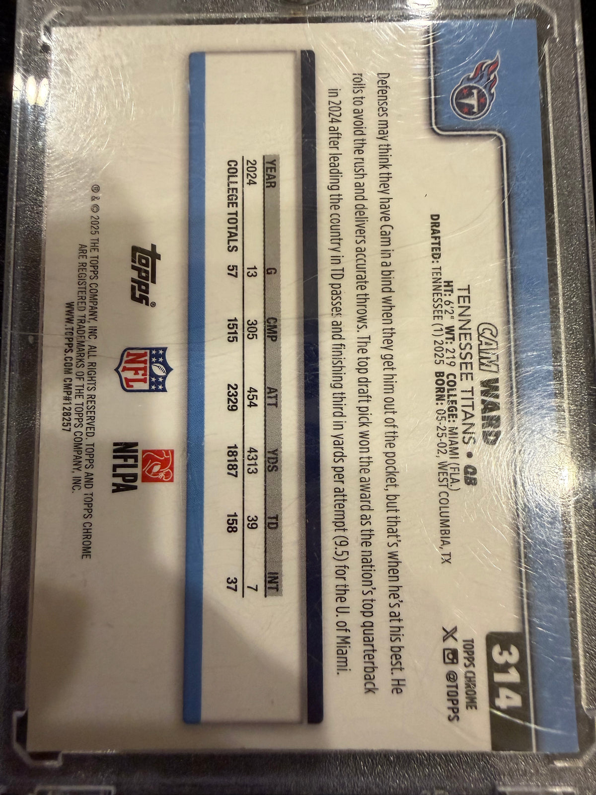 2025 Topps Chrome Cam Ward #314 Blue Wave /150 RC
