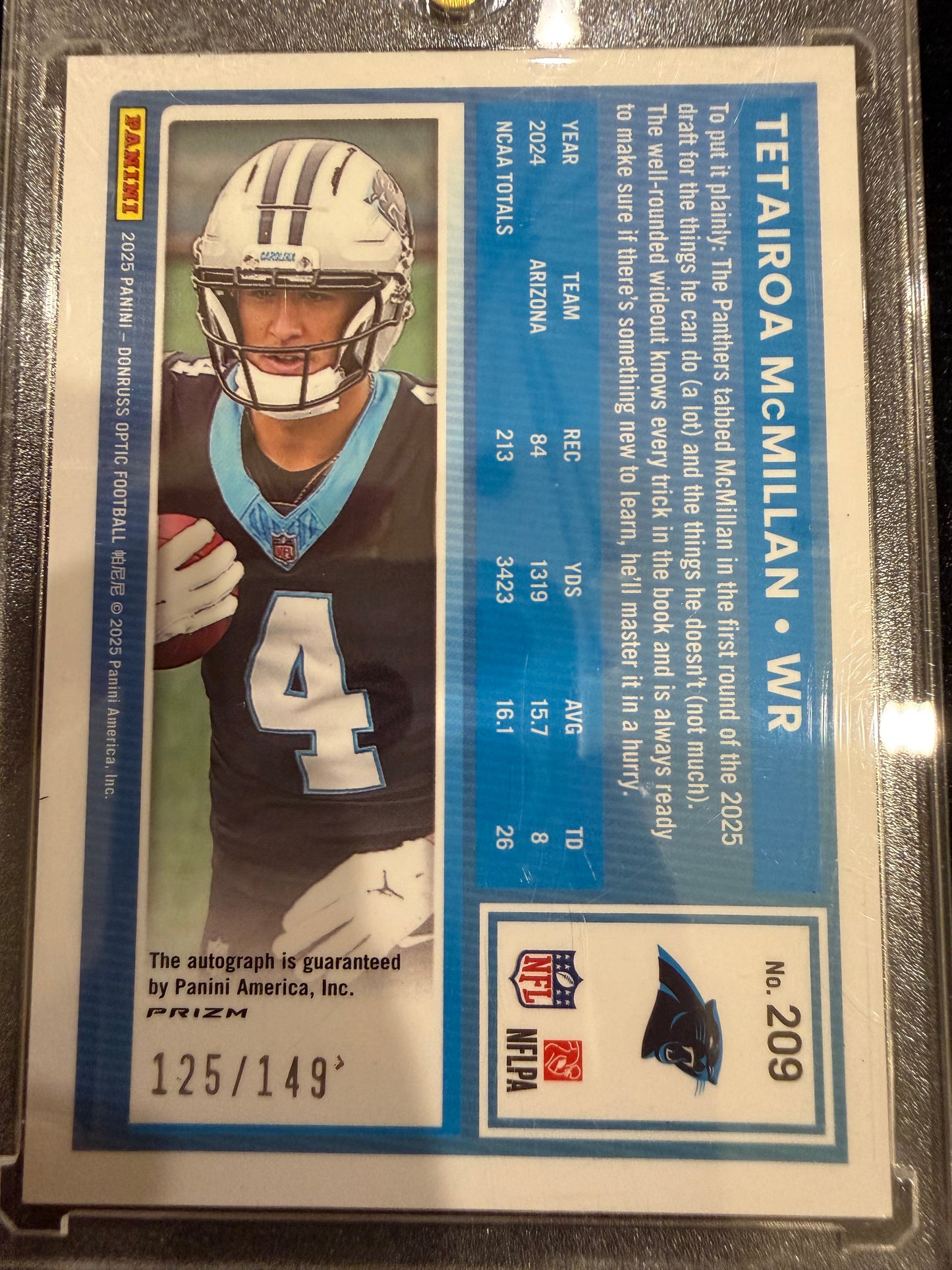 2025 Panini Donruss Optic Prizm Tetairoa McMillan #209 Blue /149