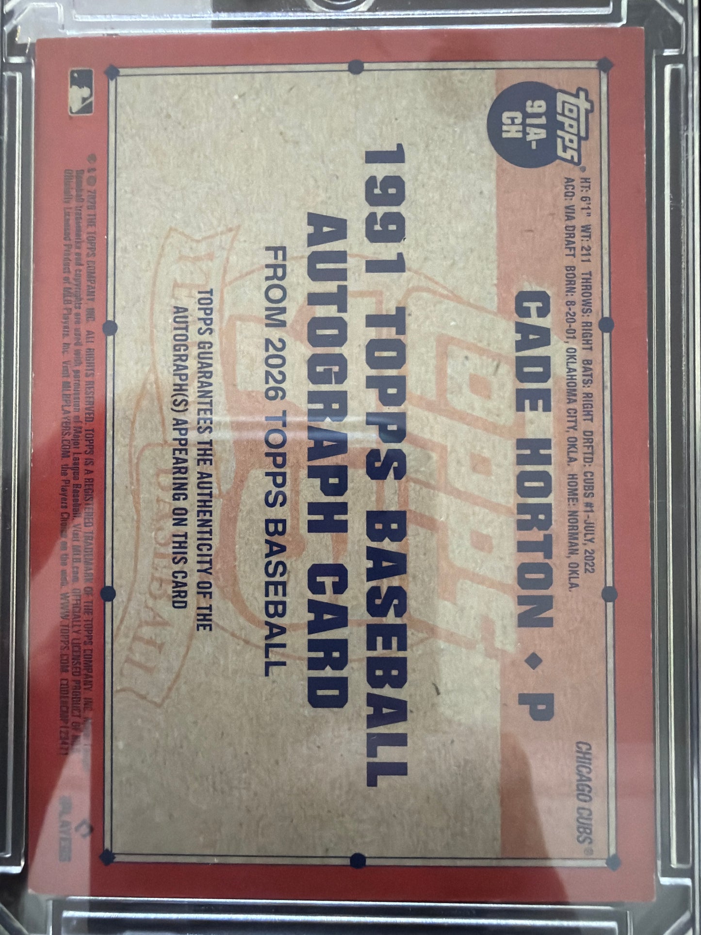 2026 Topps 1991 Topps Baseball Auto Card Cade Horton #91A-CH Gold Border /50