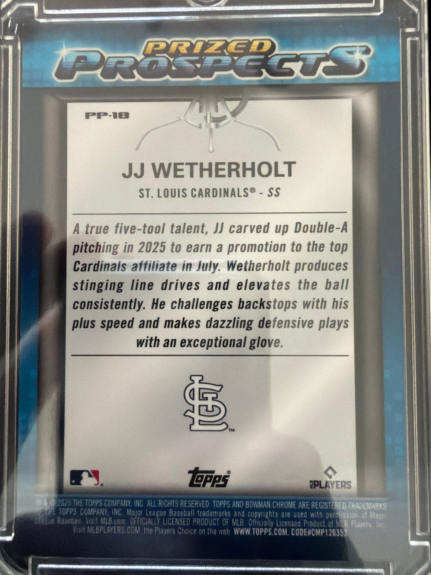 2025 Topps Bowman Chrome Prized Prospects JJ Wetherholt #PP-18 Blue /150