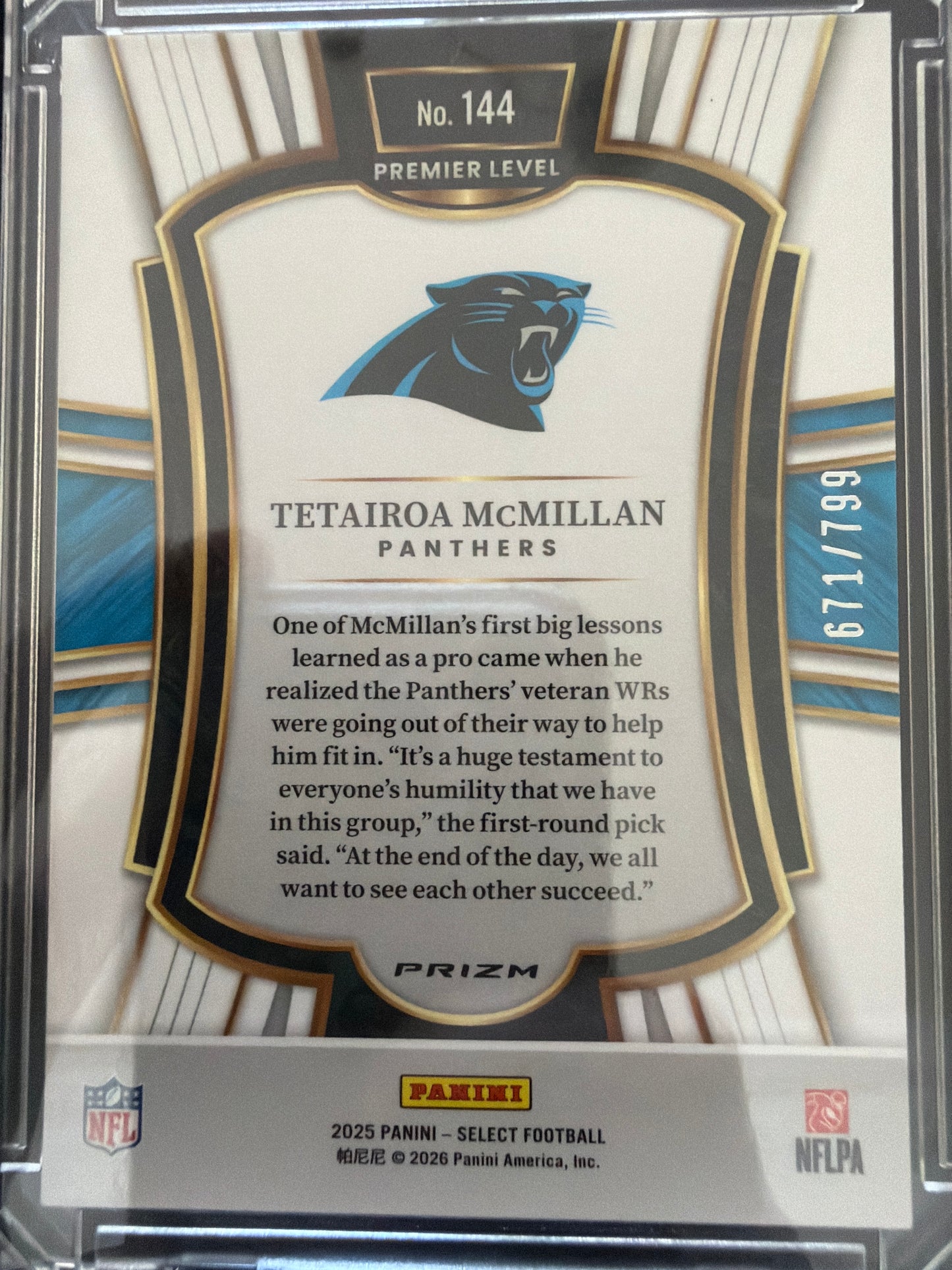 2026 Panini Select Prizm Premier Level Tetairoa McMillan #144 Light Blue /799 RC