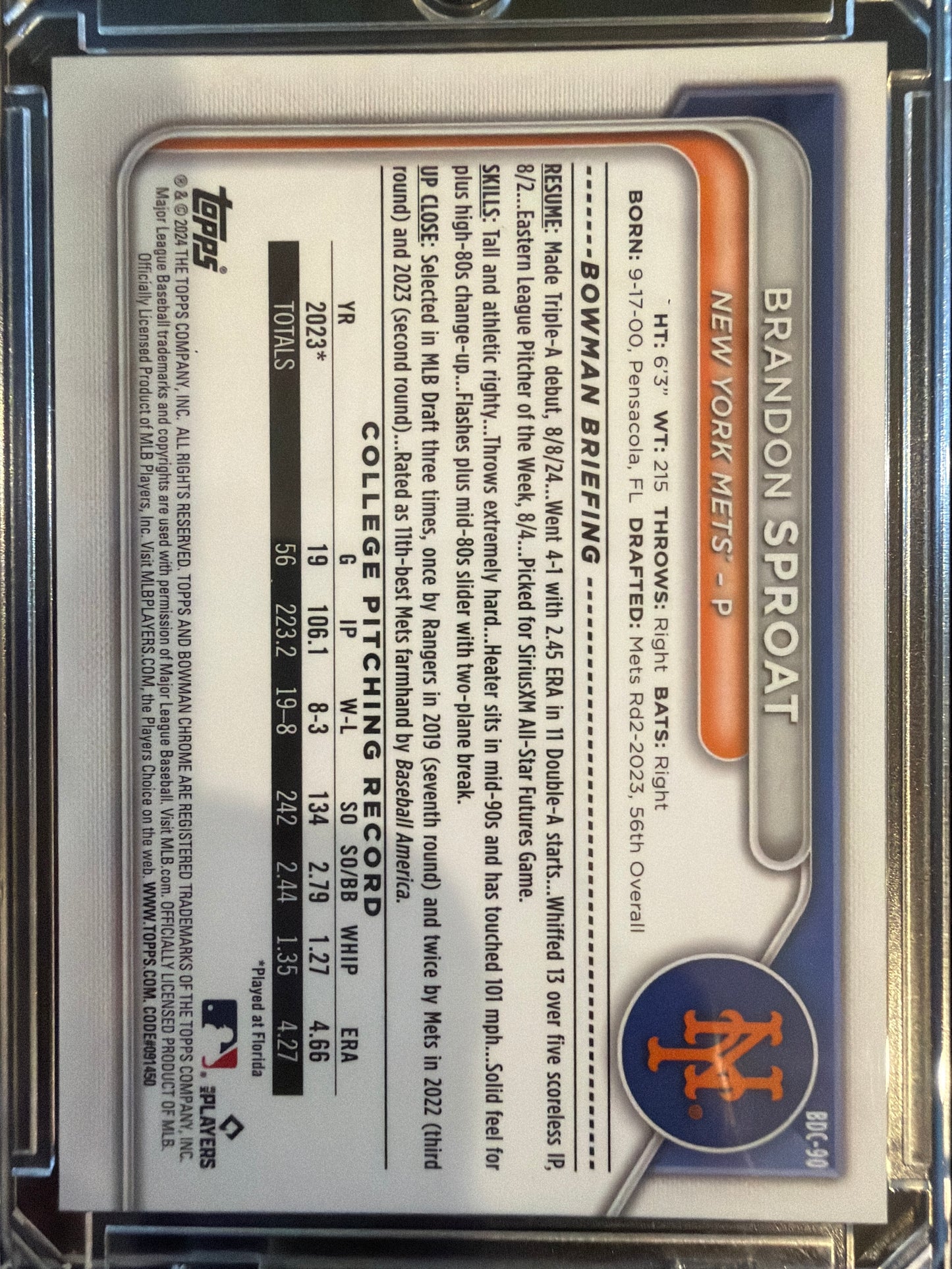 2024 Bowman Chrome Brandon Sproat #BDC-90 Orange Refractor /25