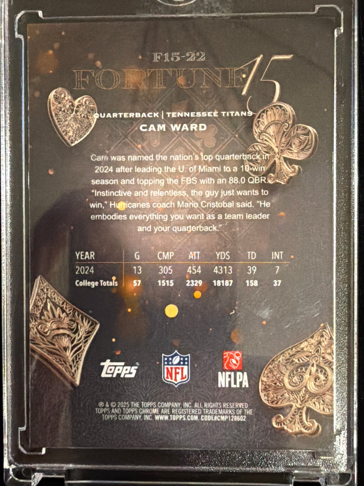 2025 Topps Chrome Fortune 15 Cam Ward #F15-22 Gold Refractor RC