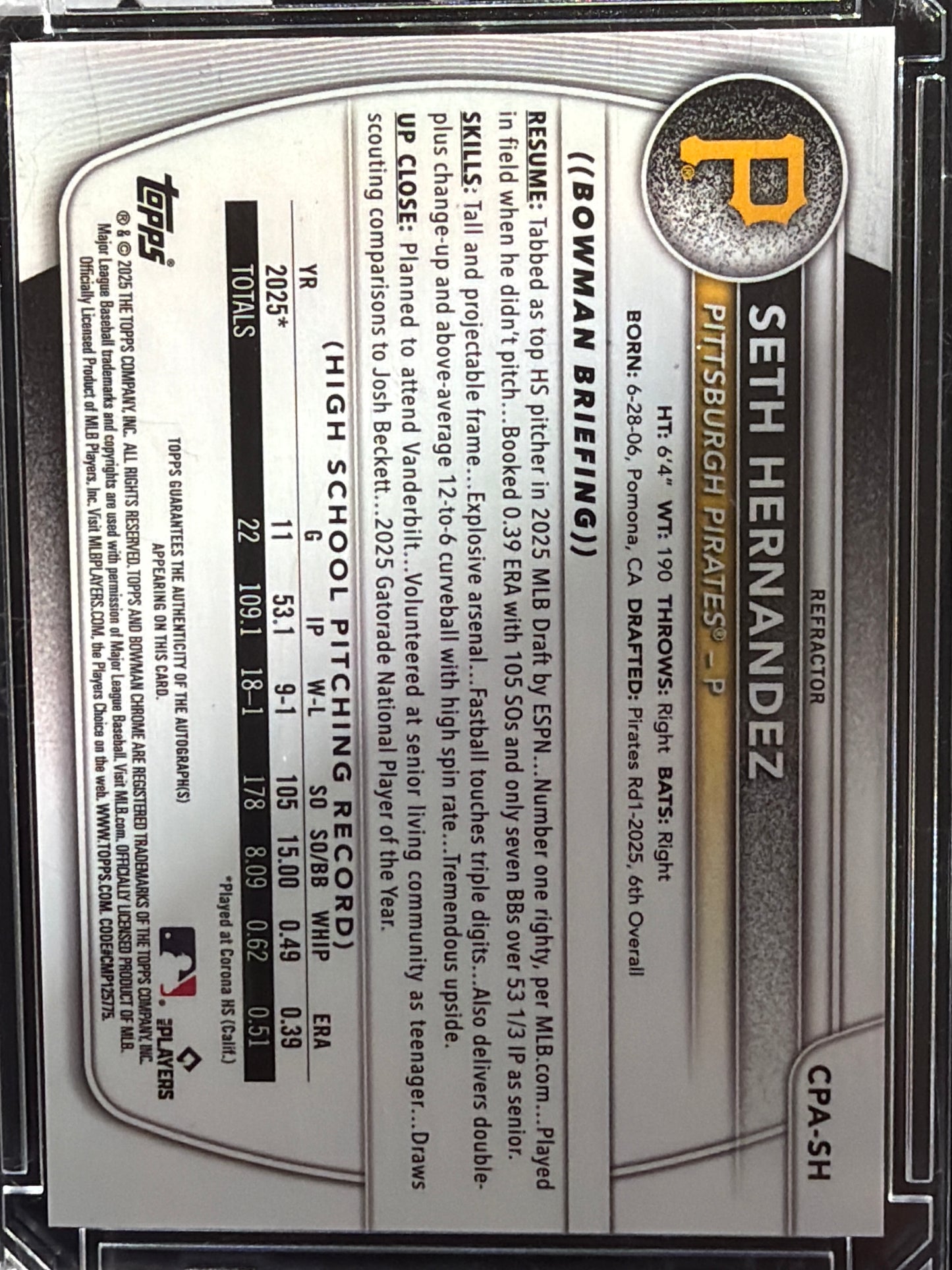 2025 Bowman Chrome Seth Hernandez #CPA-SH Refractor /499