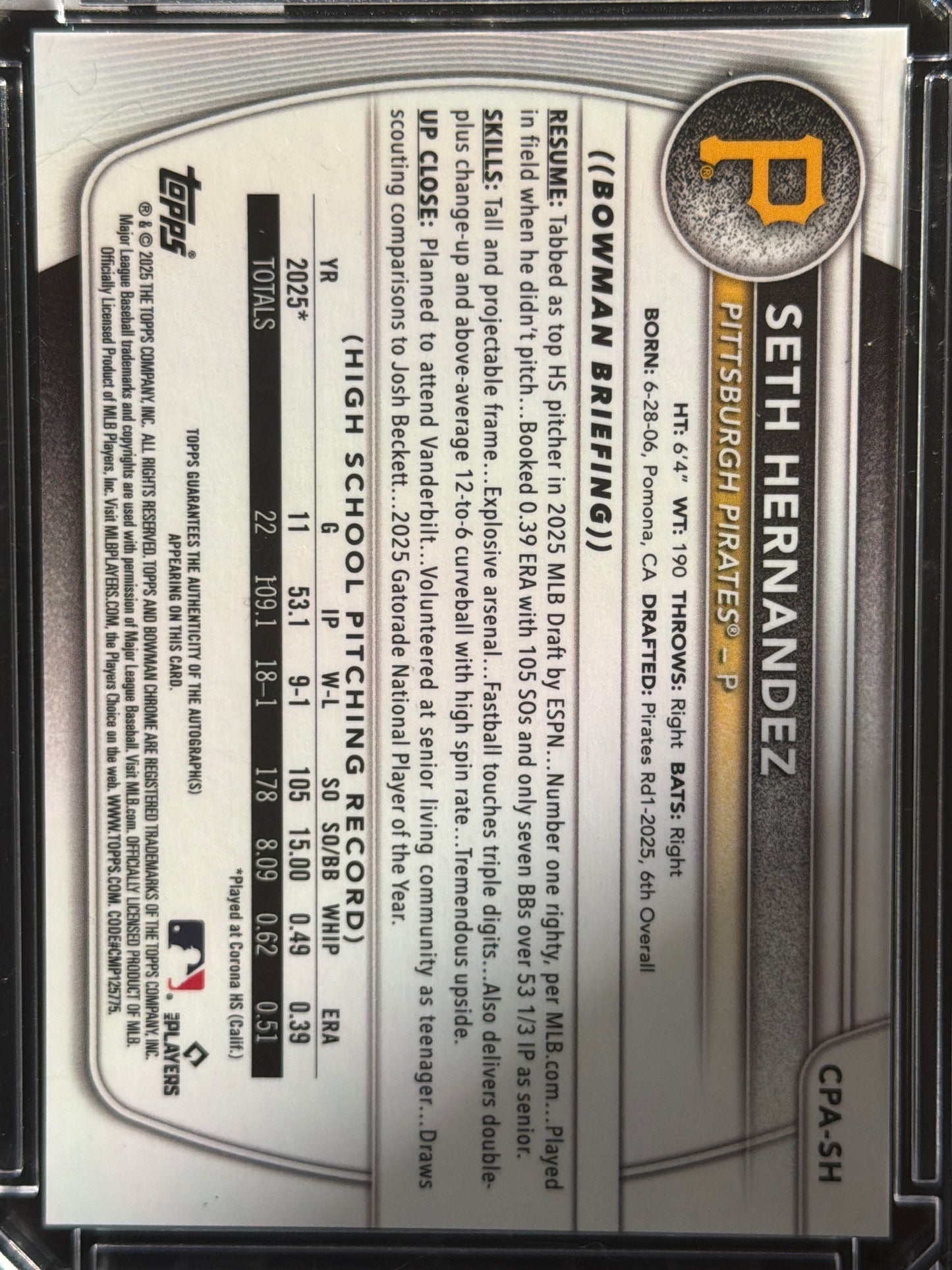 2025 Topps Bowman Chrome Seth Hernandez #CPA-SH Purple Refractor /250