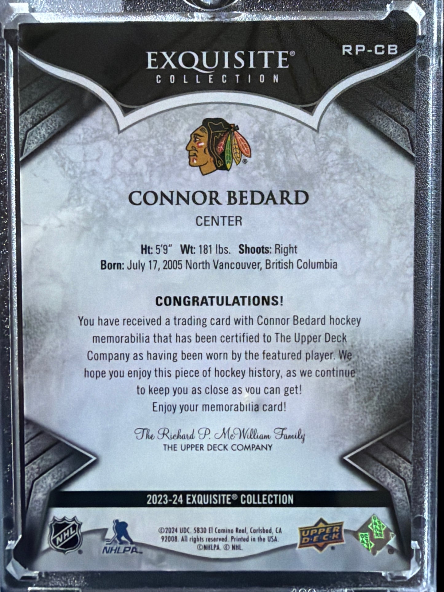 2024 Upper Deck Exquisite Collection Connor Bedard #RP-CB Patch Memorabilia