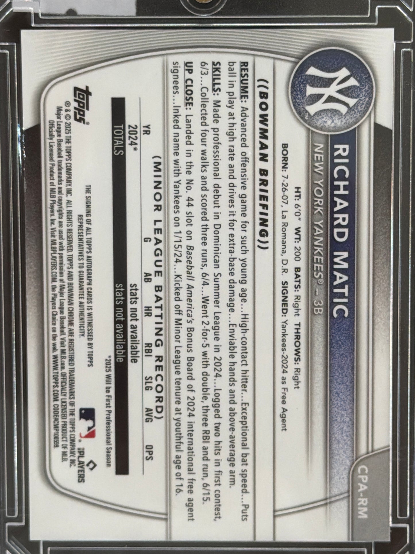 2025 Topps Bowman Chrome Richard Matic #CPA-RM Orange Shimmer Refractor /25