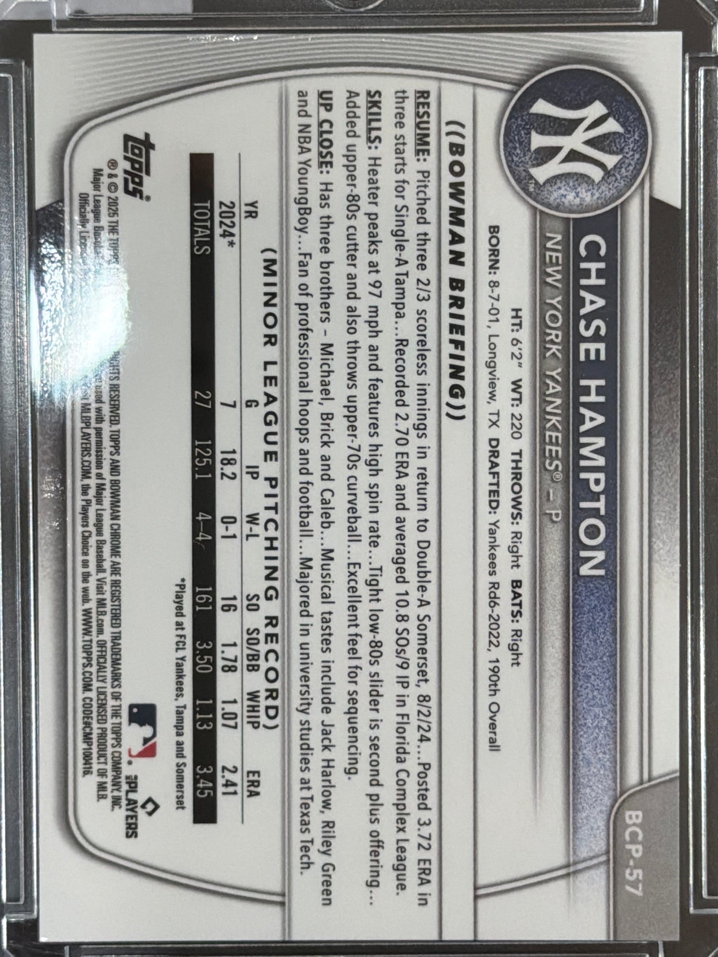 2024 Bowman Chrome Chase Hampton #BCP-57 Yellow RayWave Refractor /50