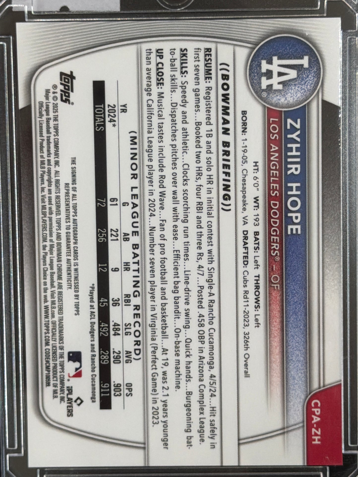 2024 Bowman Chrome Zyhir Hope #CPA-ZH