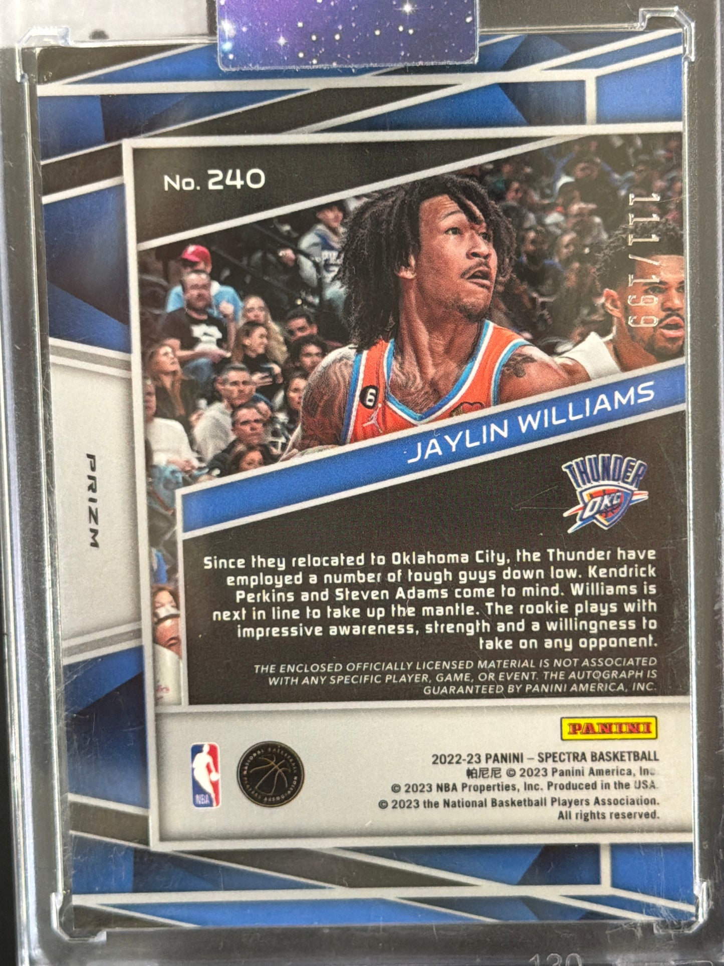 2023 Panini Spectra Jaylin Williams #240 /199 Patch RC Memorabilia