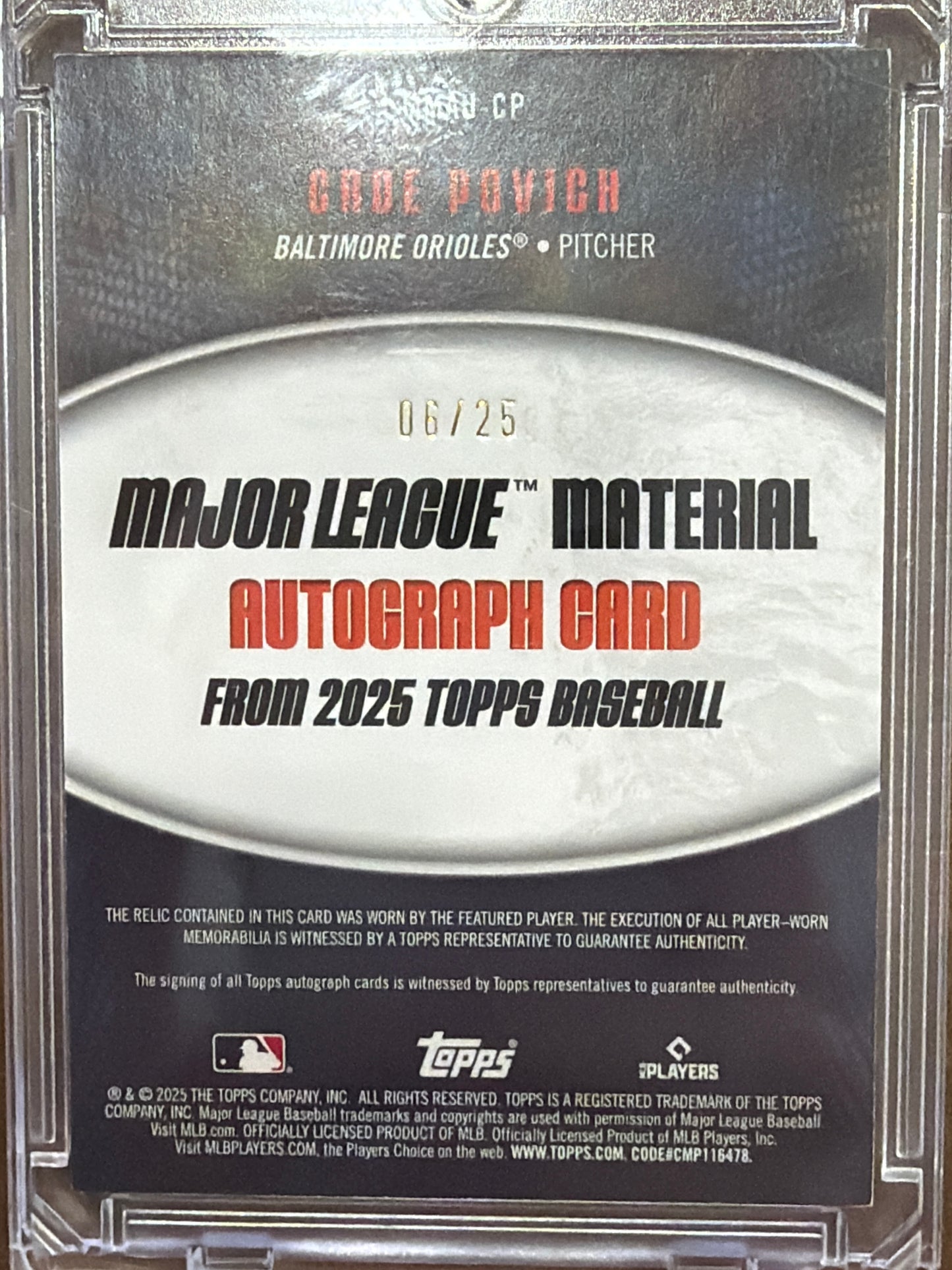 2025 Topps Major Material Cade Povich #MLMA-CP /25 Player-Worn Memorabilia RC