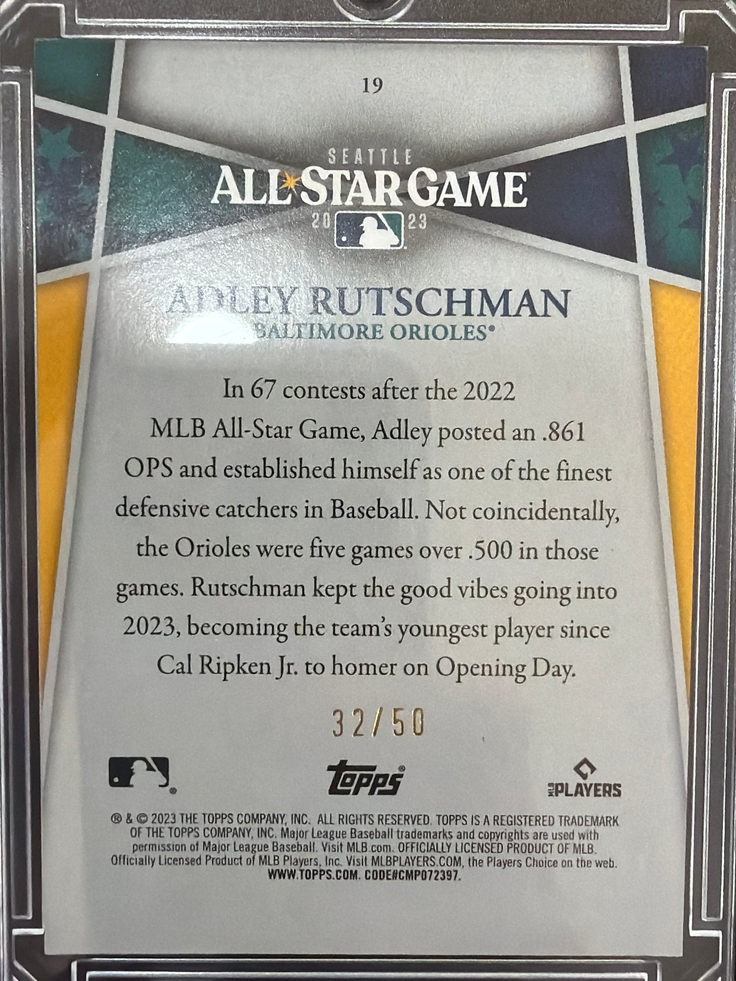 2023 Topps All-Star Game Adley Rutschman #19 Gold /50 RC