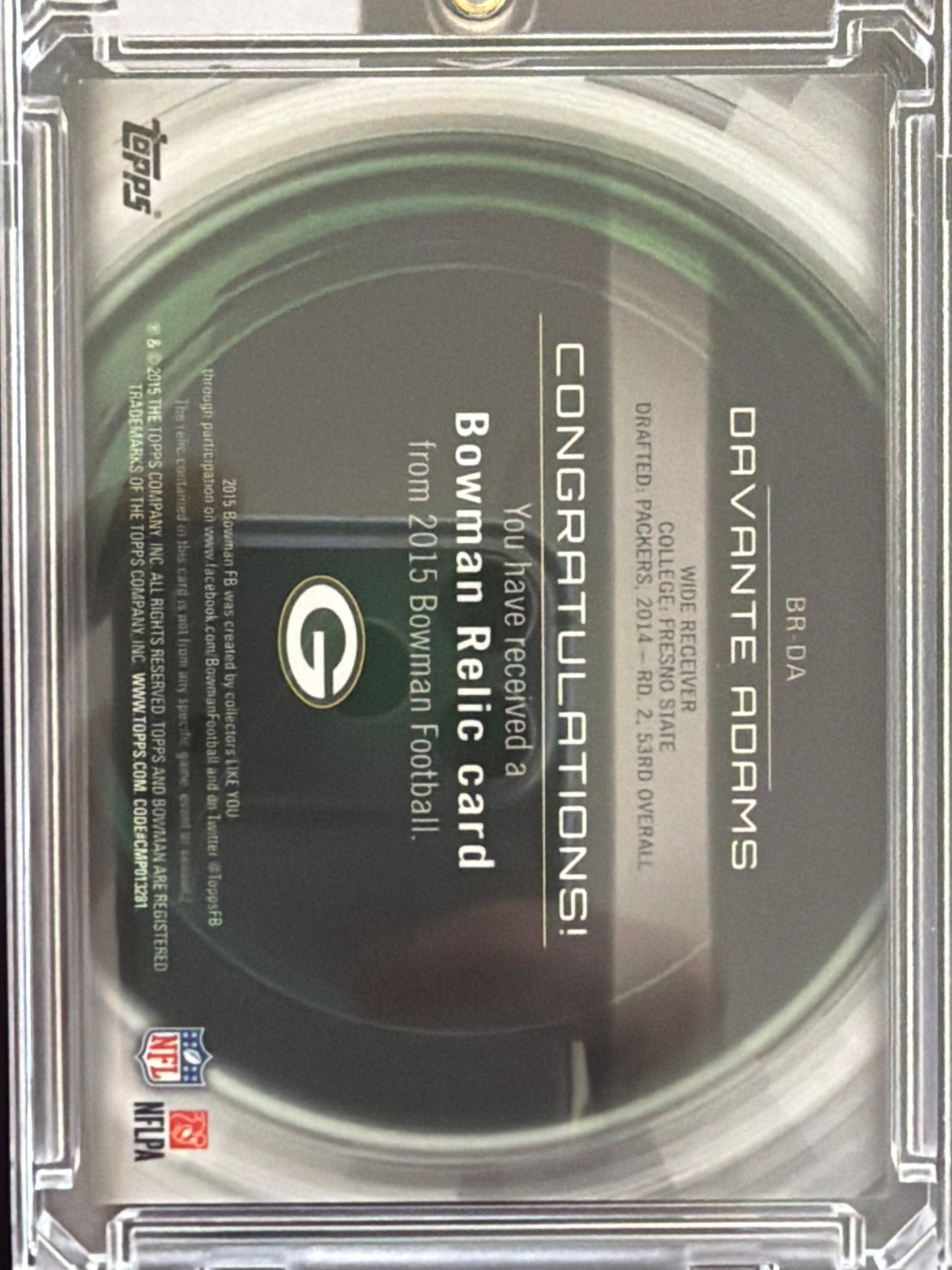 2014 Topps  Relic Davante Adams #BR-DA Authentic Memorabilia Bowman Relic card