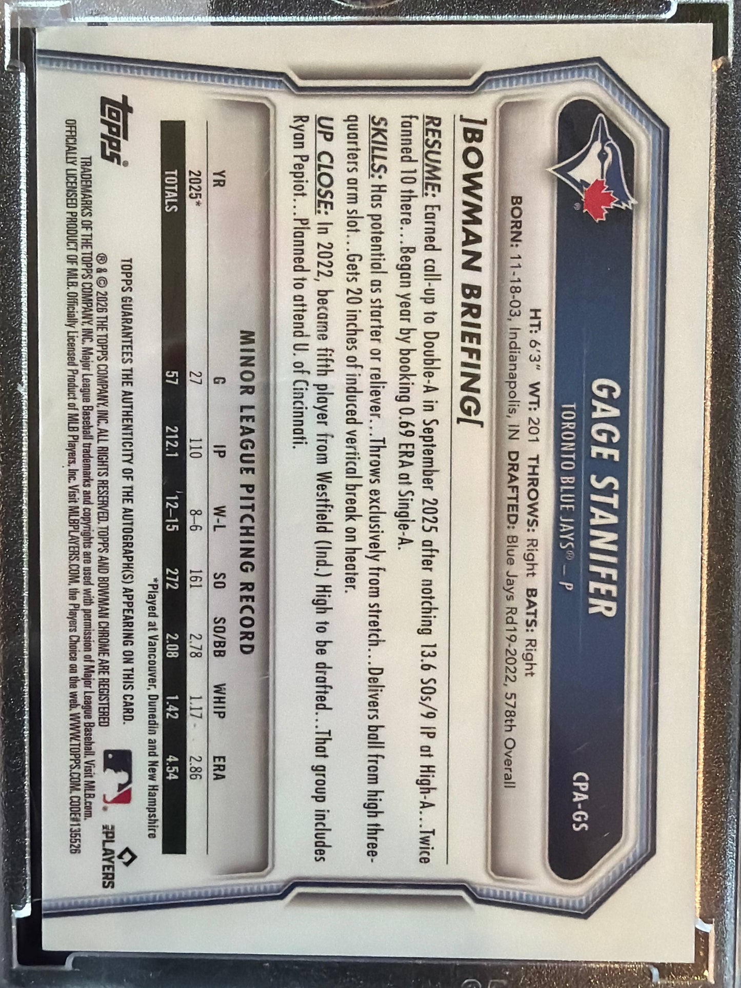 2025 Bowman Chrome Gage Stanifer #CPA-GS Green Shimmer Refractor /99