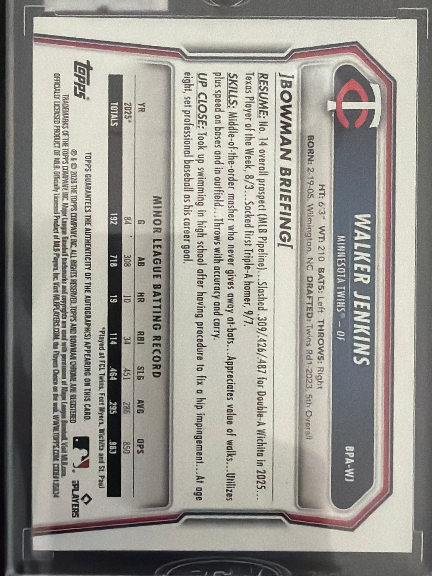 2026 Bowman Walker Jenkins #BPA-WJ Blue Refractor /150