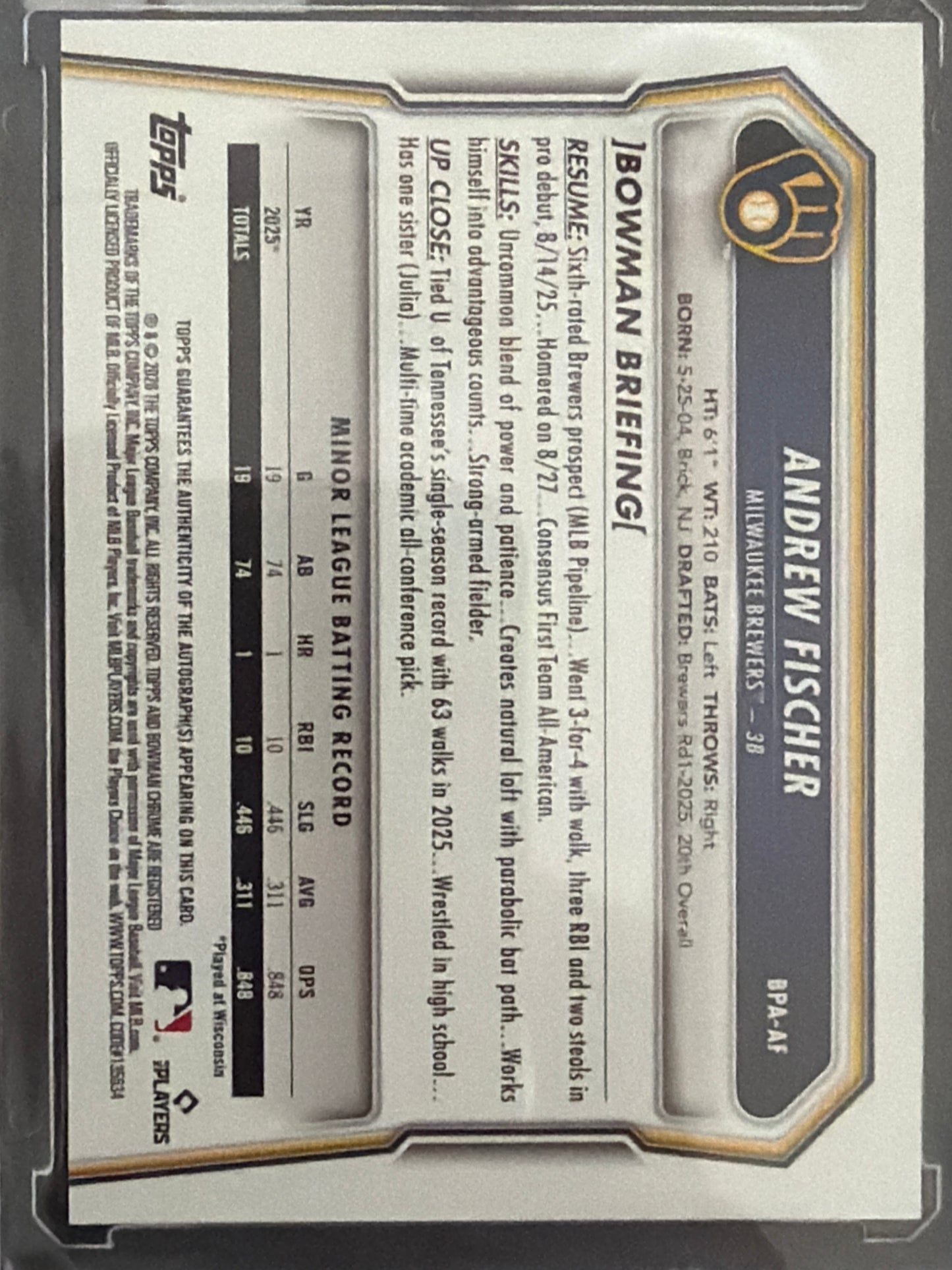 2025 Bowman Chrome Andrew Fischer #BPA-AF Green /99 1st Bowman