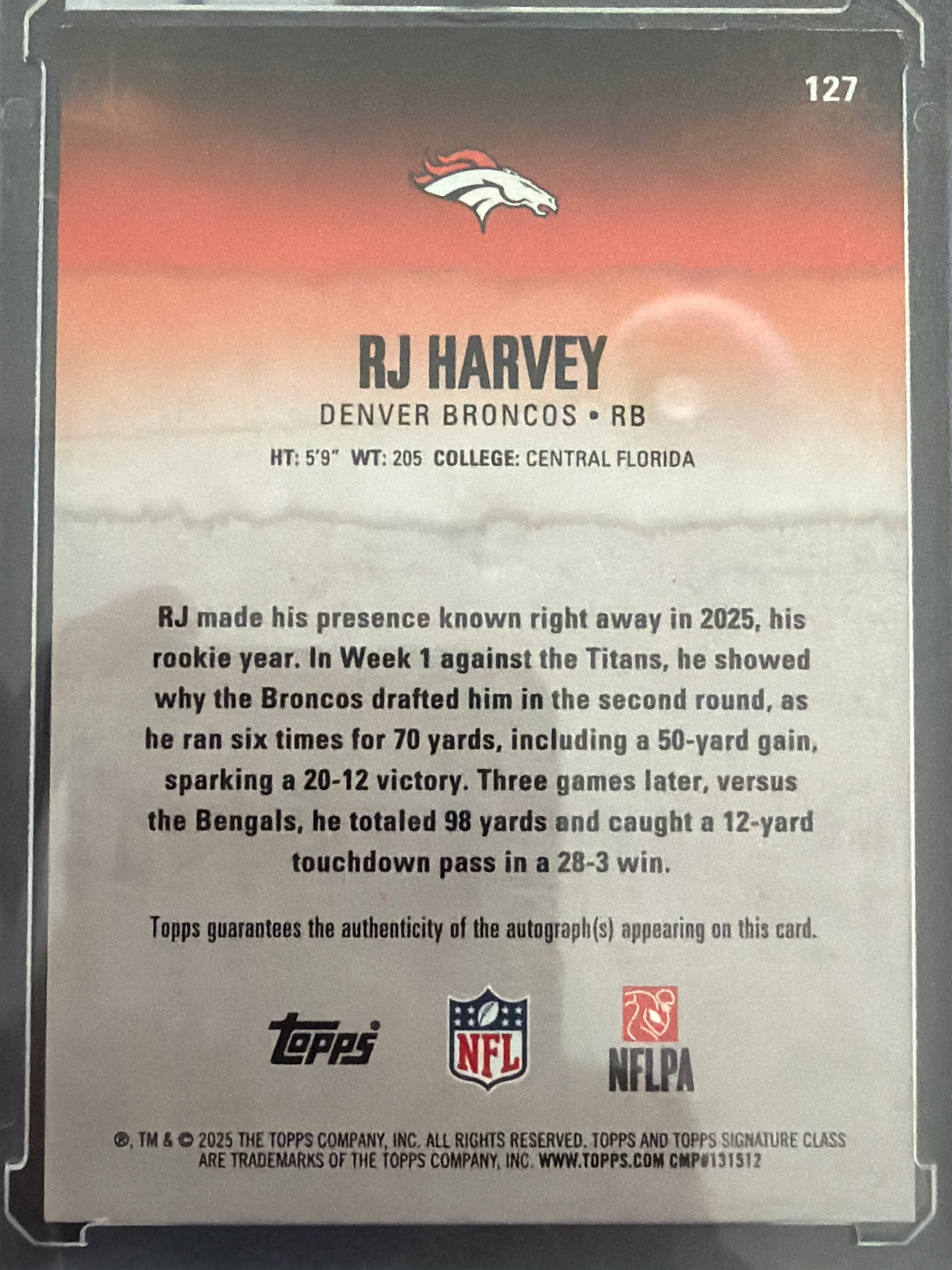 2025 Topps Signature Class RJ Harvey #127 /150 RC