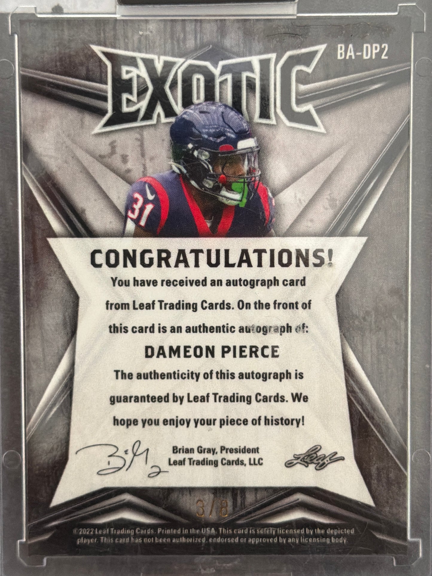 2022 Leaf Exotic Dameon Pierce #BA-DP2 Zebra /8 RC