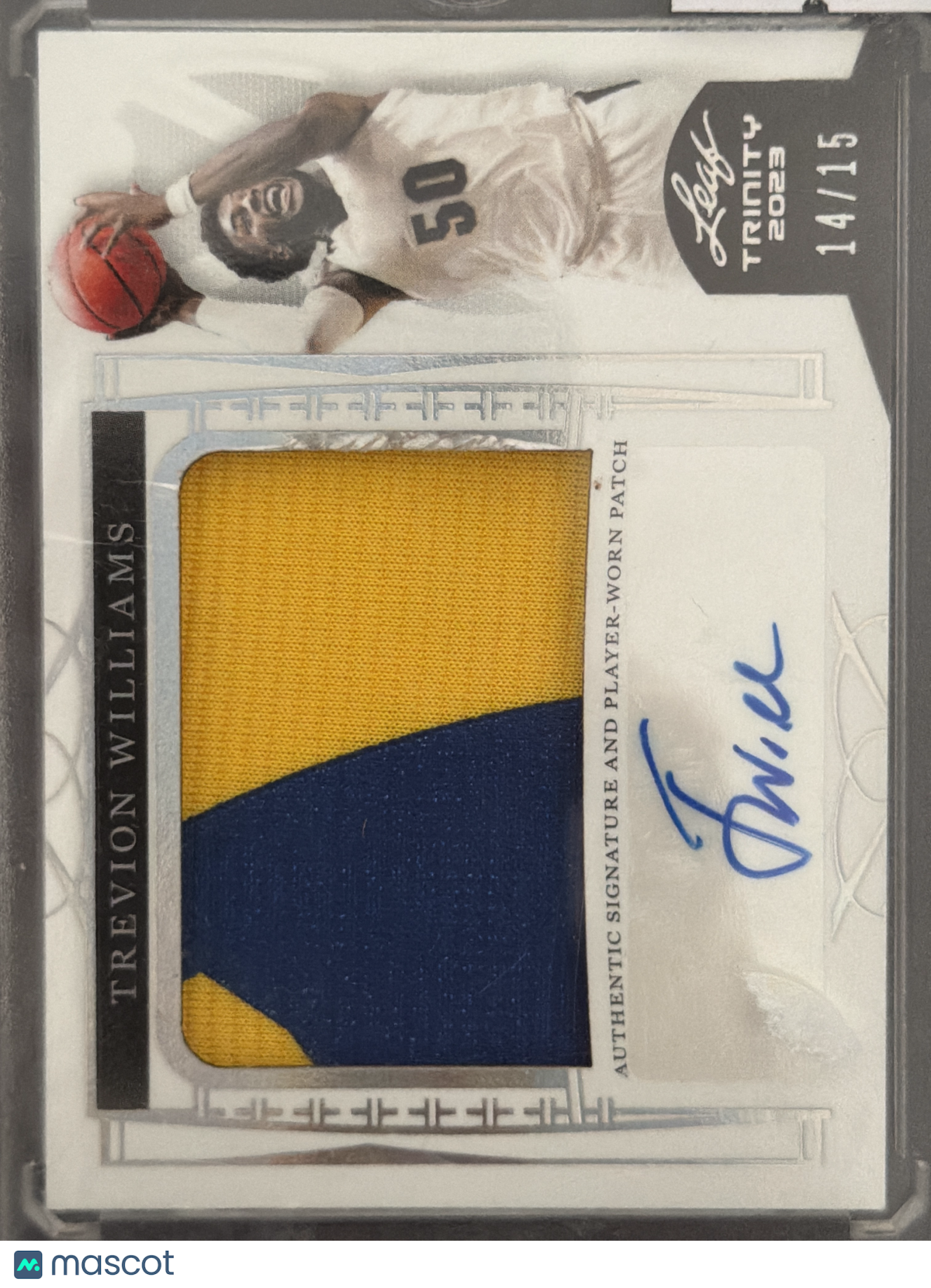 2023 Leaf Trevion Williams #PA-TW1 /15 Authentic Signature and Player-Worn Patch