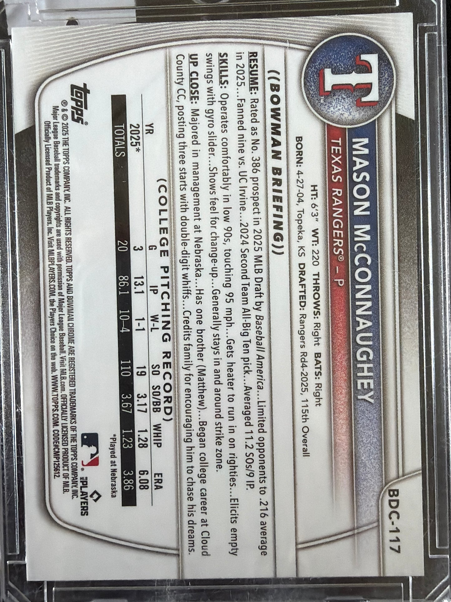 2025 Topps Bowman Chrome Mason McConnaughey #BDC-117 Blue 1st Bowman