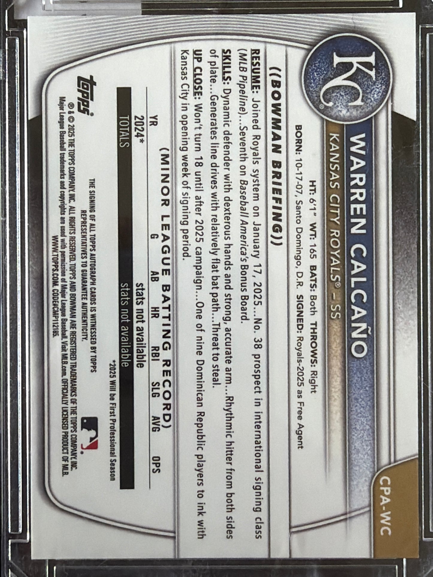 2025 Topps Bowman Chrome Warren Calcaño #CPA-WC 1st Bowman
