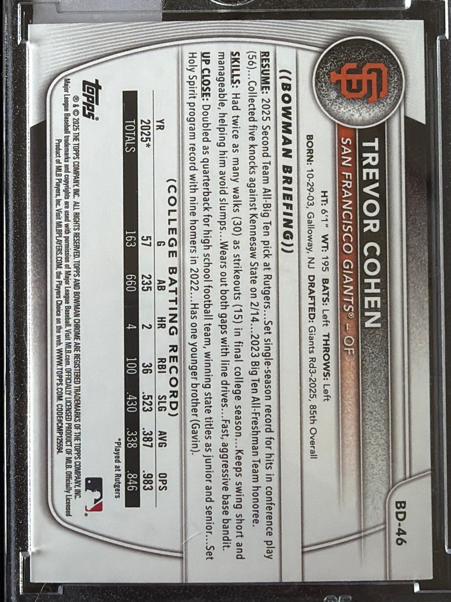 2025 Bowman Draft Trevor Cohen #BD-46 Sky Blue Paper /499