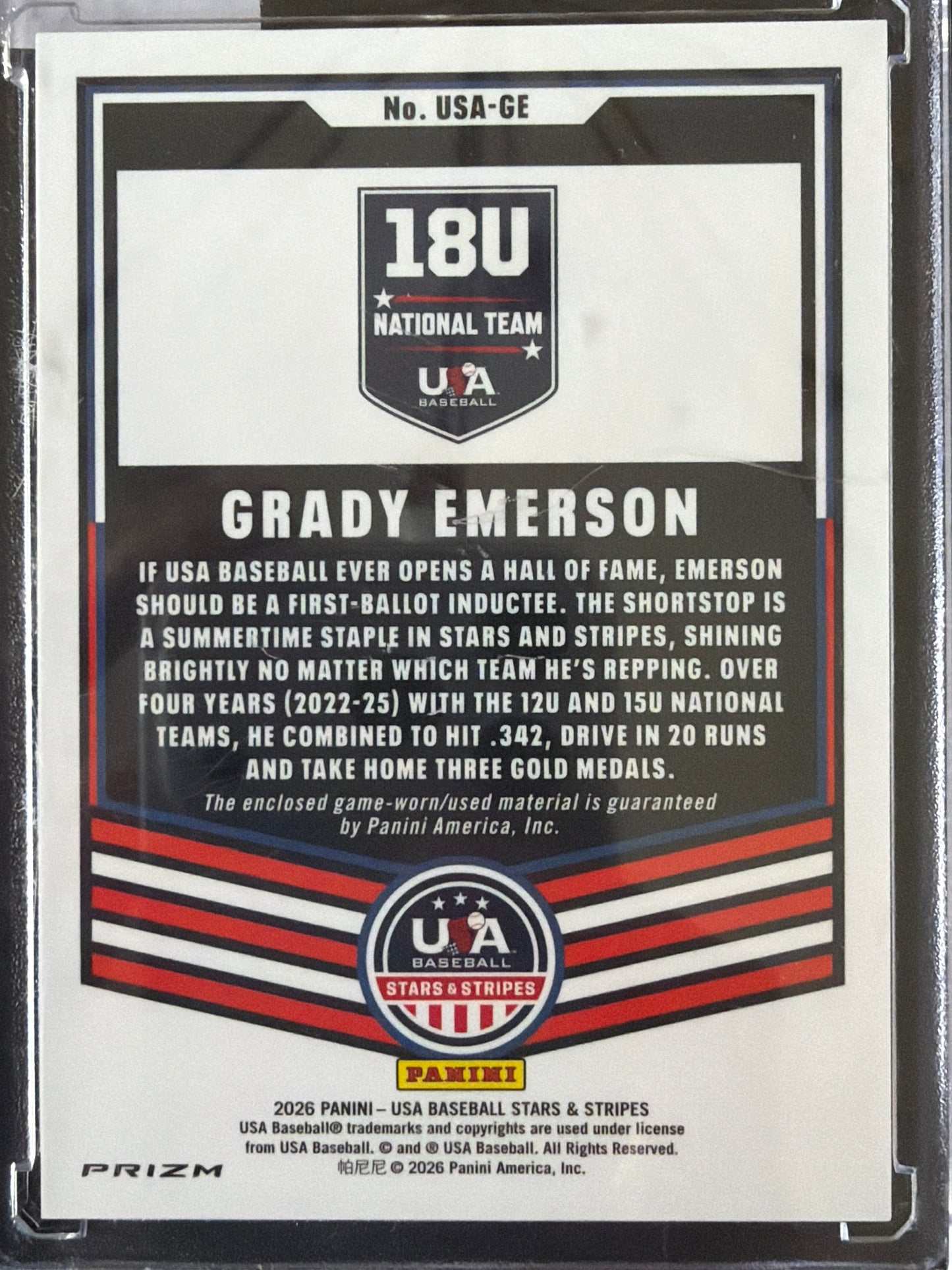 2026 Panini USA Baseball  Prizm Grady Emerson #USA-GE Game-worn/used material
