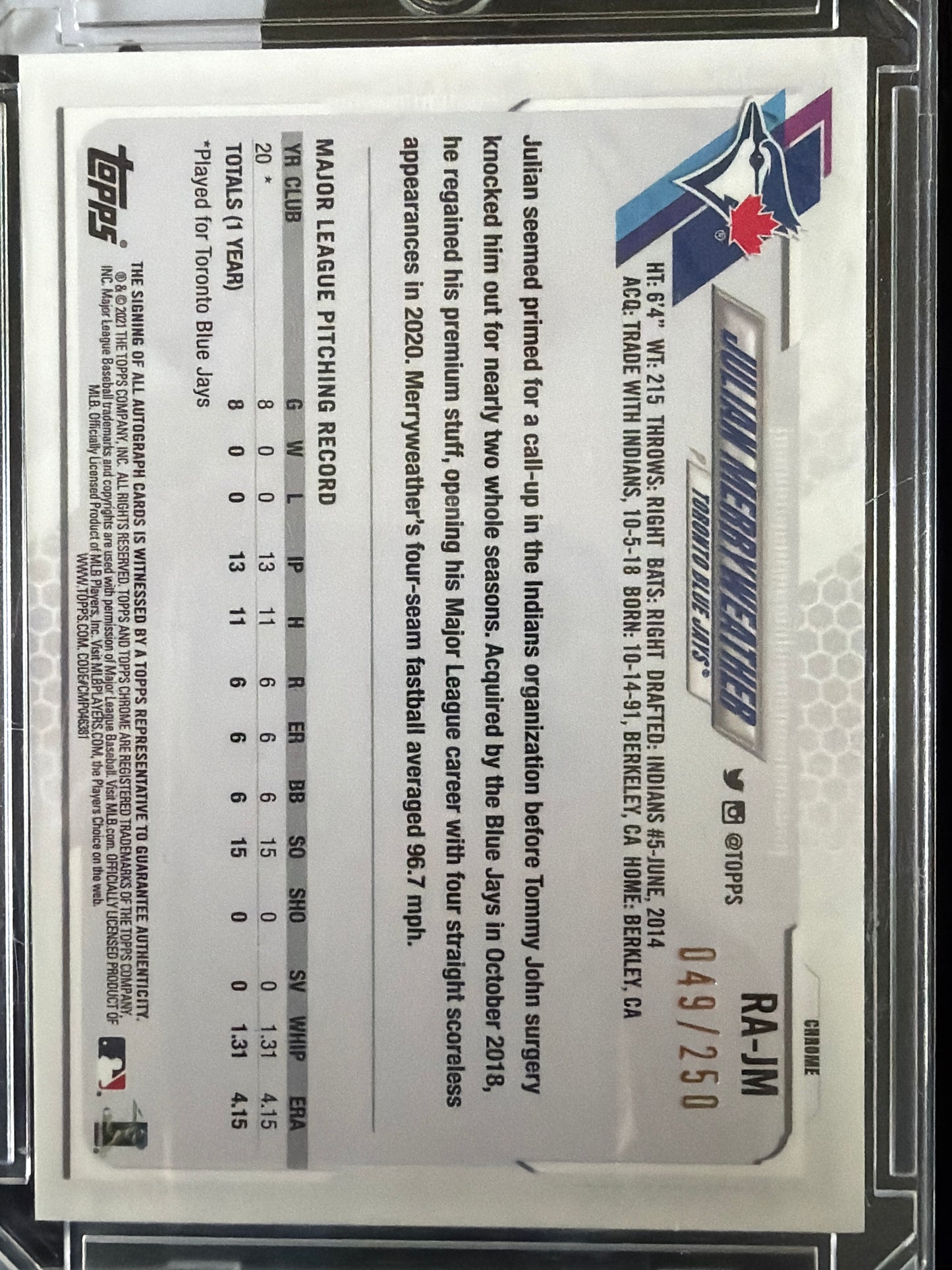2021 Topps Chrome Julian Merryweather #RA-JM Purple Refractor RC