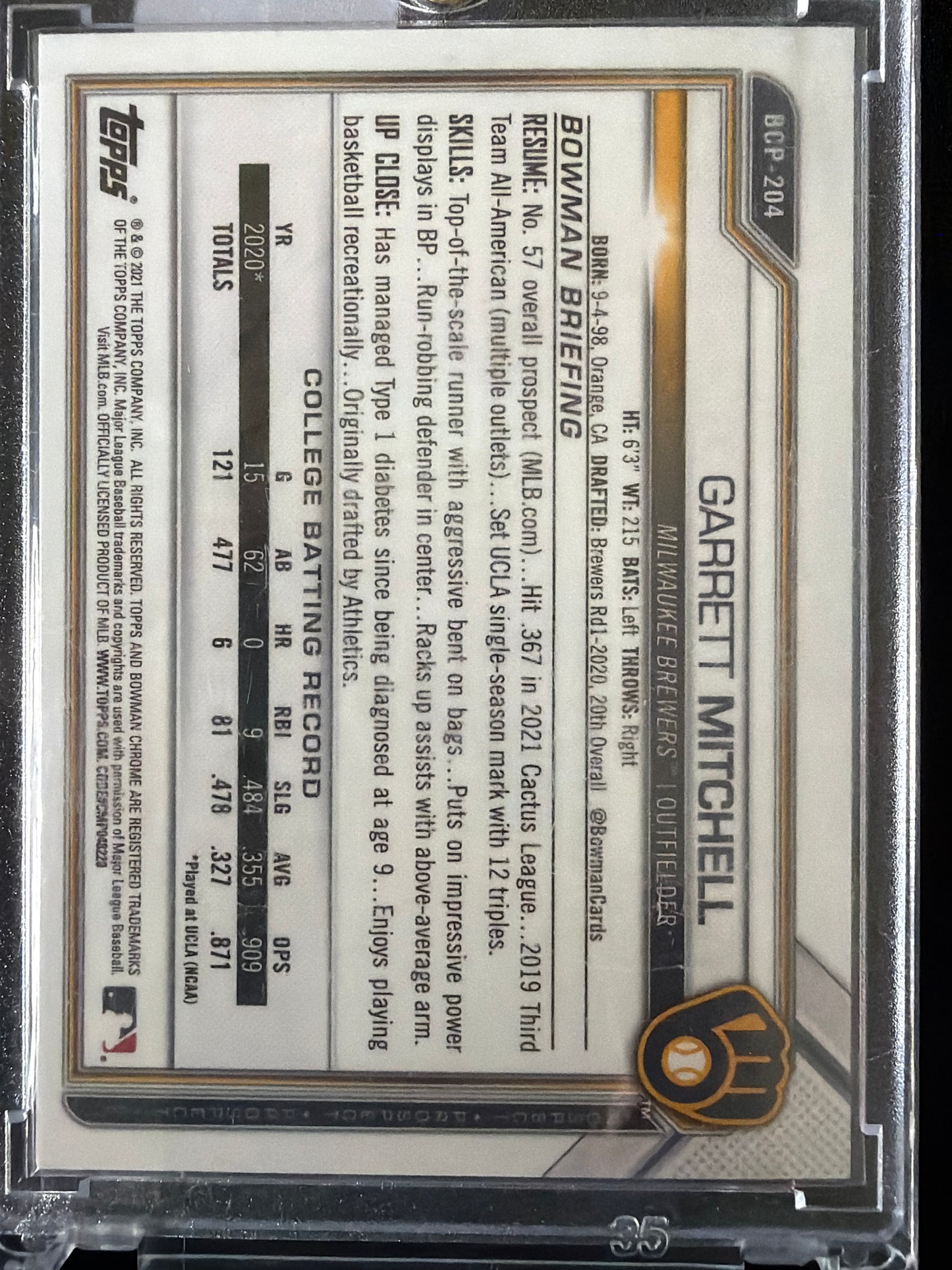 2021 Bowman Chrome Garrett Mitchell #BCP-204 Green Mojo Refractor