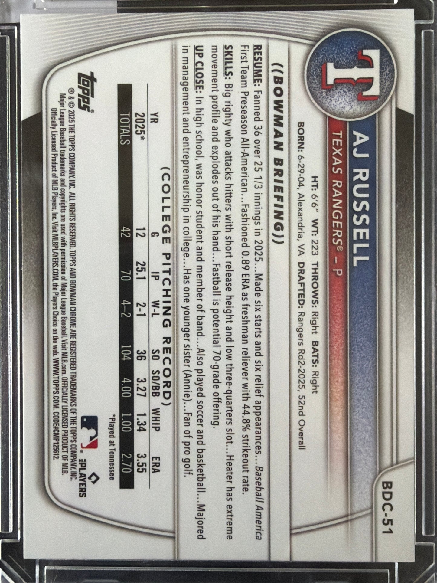 2024 Bowman Chrome AJ Russell #BDC-51 Yellow Mini-Diamond Refractor /75