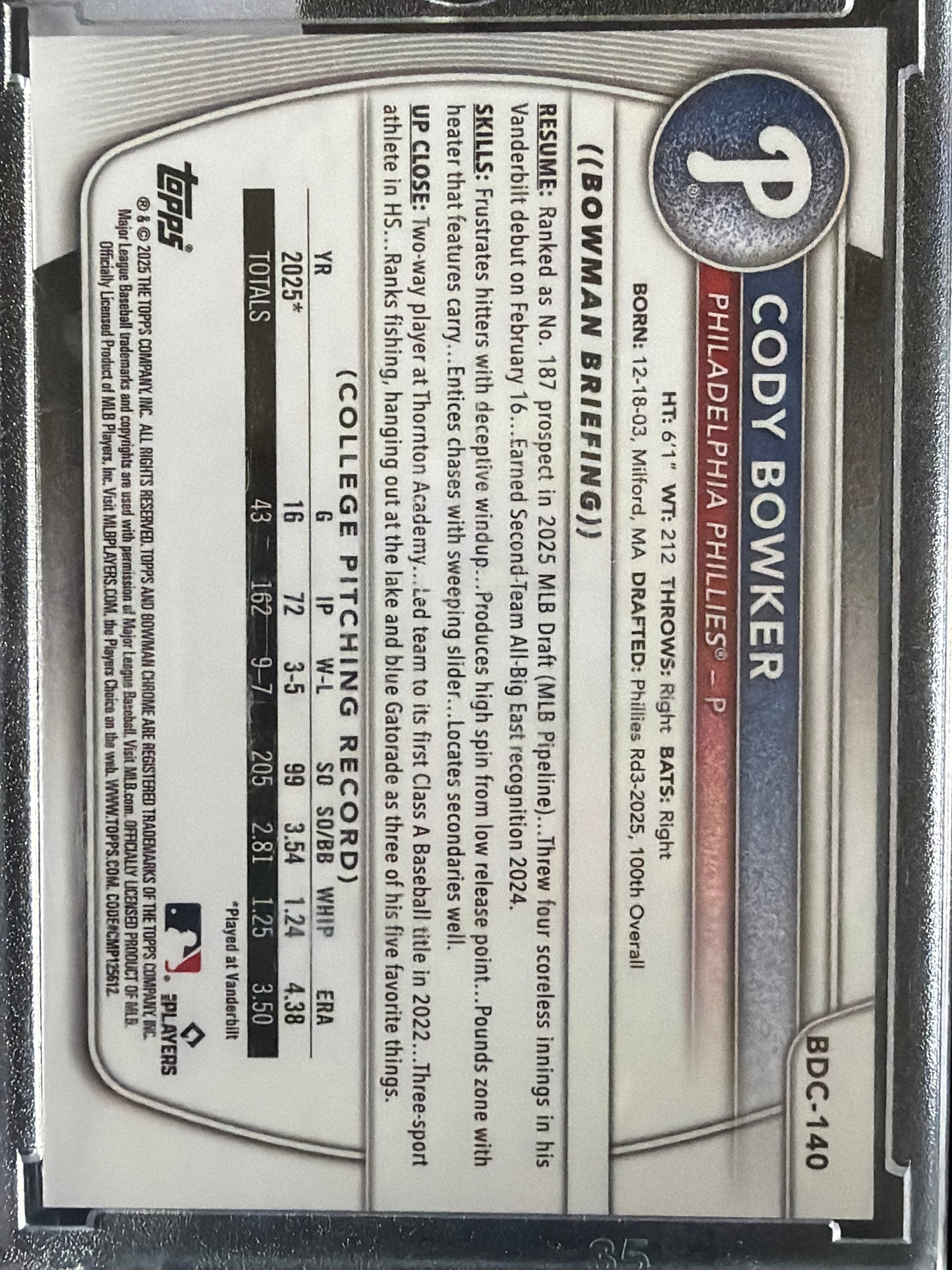 2025 Topps Bowman Chrome Cody Bowker #BDC-140 Diamond Refractor /100
