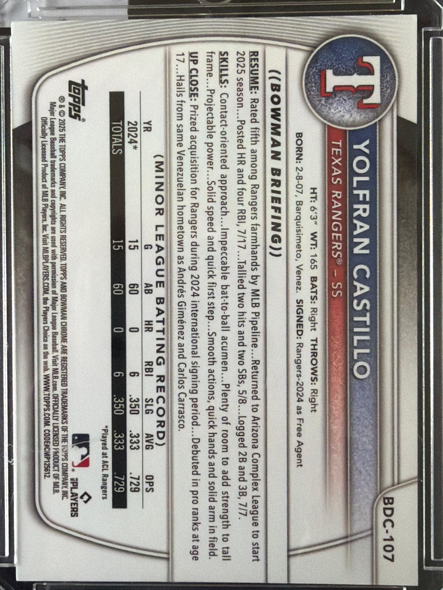 2025 Topps Bowman Chrome Yolfran Castillo #BDC-107 Green Shimmer /125