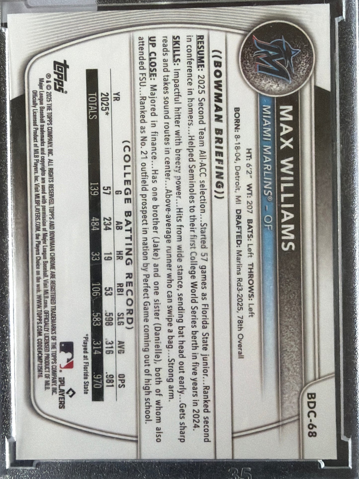 2025 Topps Bowman Chrome Max Williams #BDC-68 Blue Mojo Refractor /150