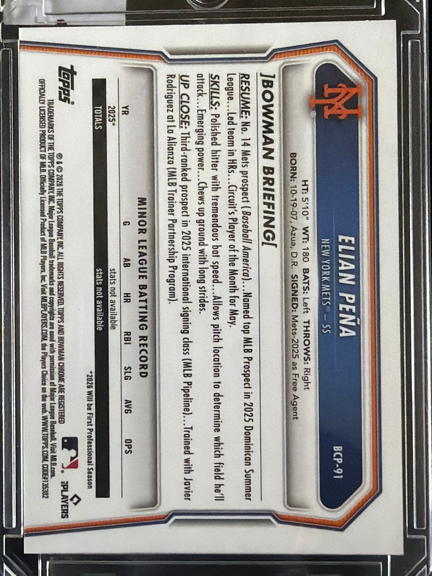 2025 Bowman Chrome Elian Peña #BCP-91 Purple Refractor /199