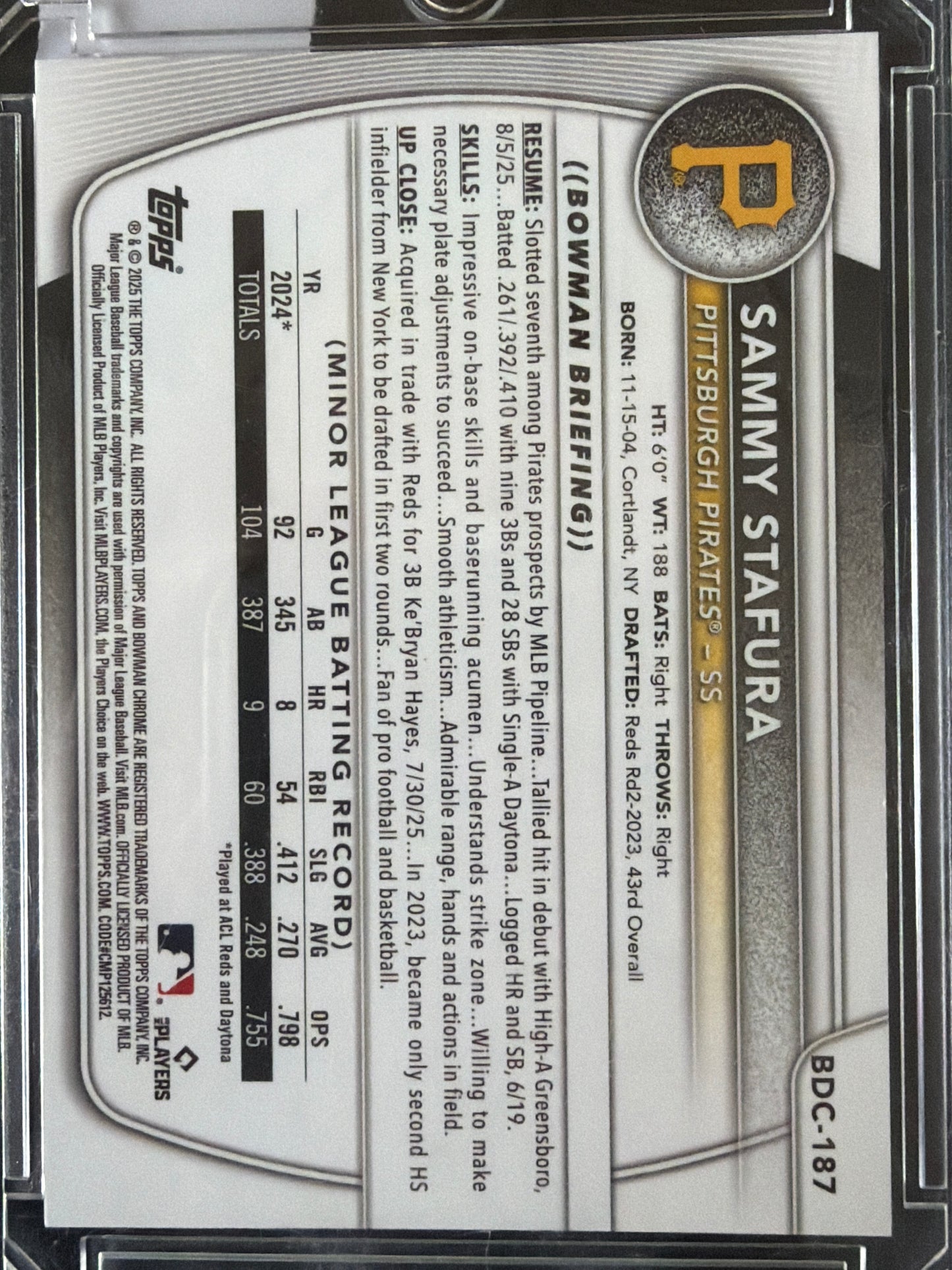 2025 Topps Bowman Chrome Sammy Stafura #BDC-187 Blue Sapphire Refractor