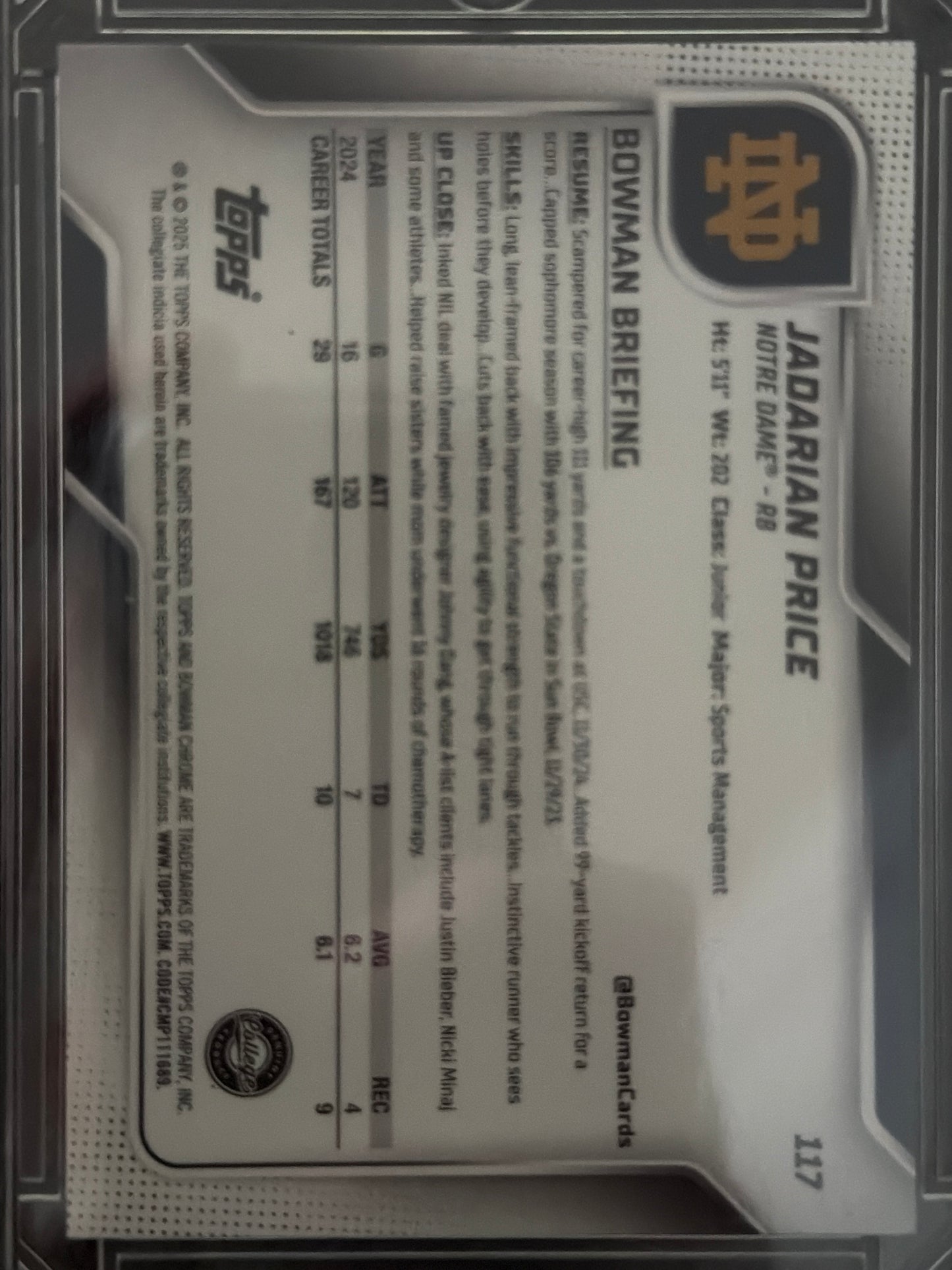 2024 Bowman Chrome University Jadarian Price #117 Purple Refractor /225