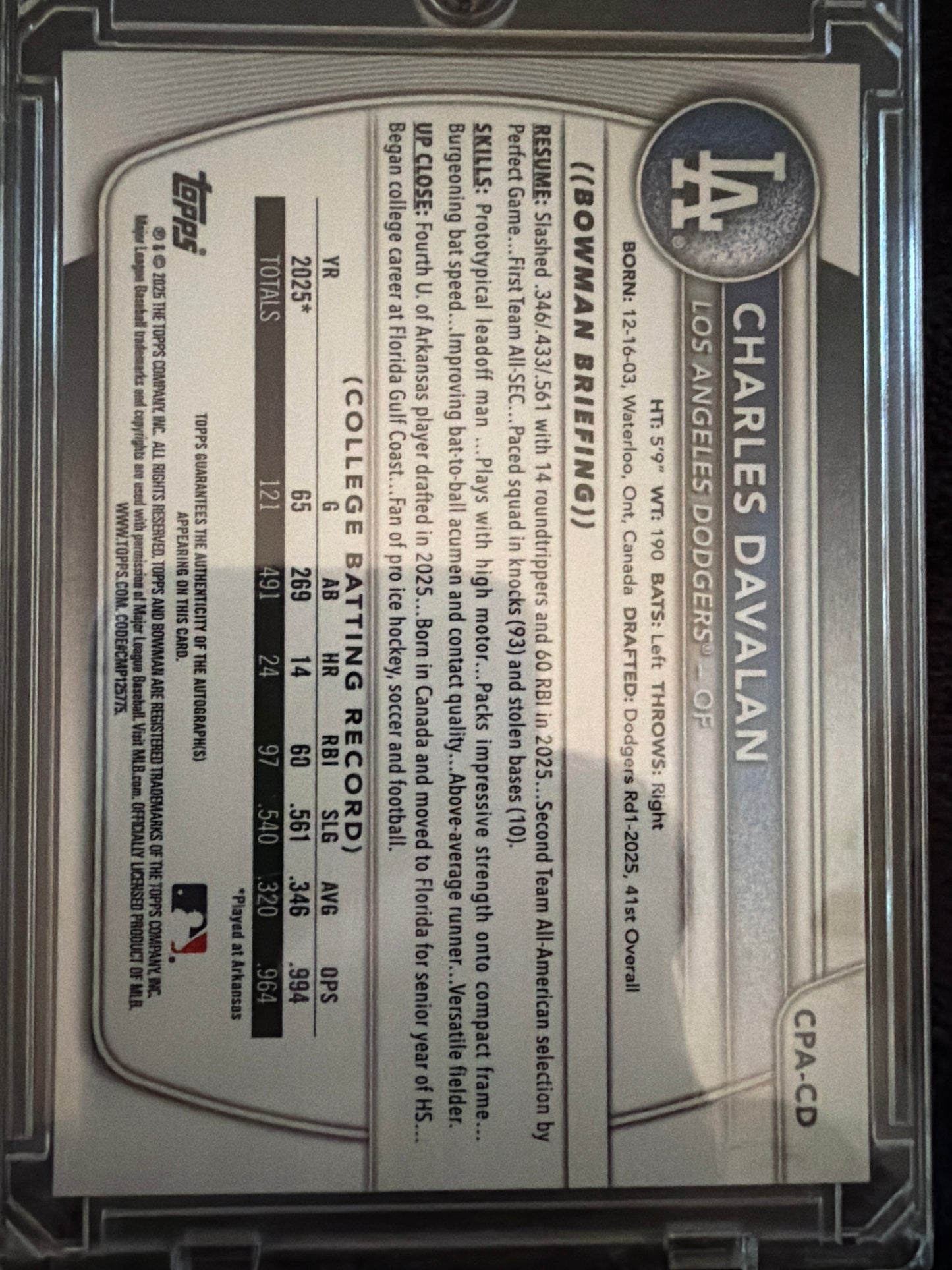 2023 Bowman Chrome Charles Davalan #CPA-CD Green Refractor /199 1st Bowman