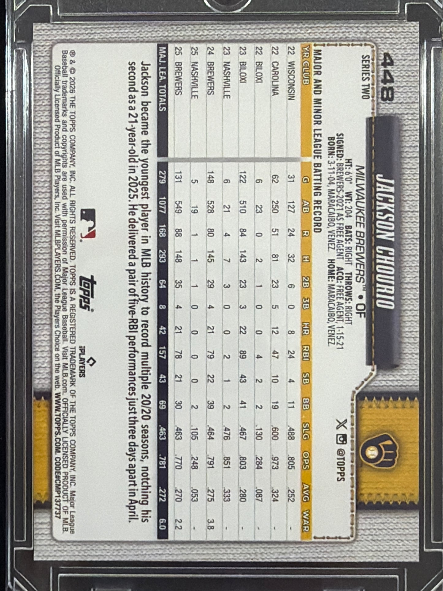 2026 Topps Series Two Jackson Chourio #448 Team Logo Gold Border