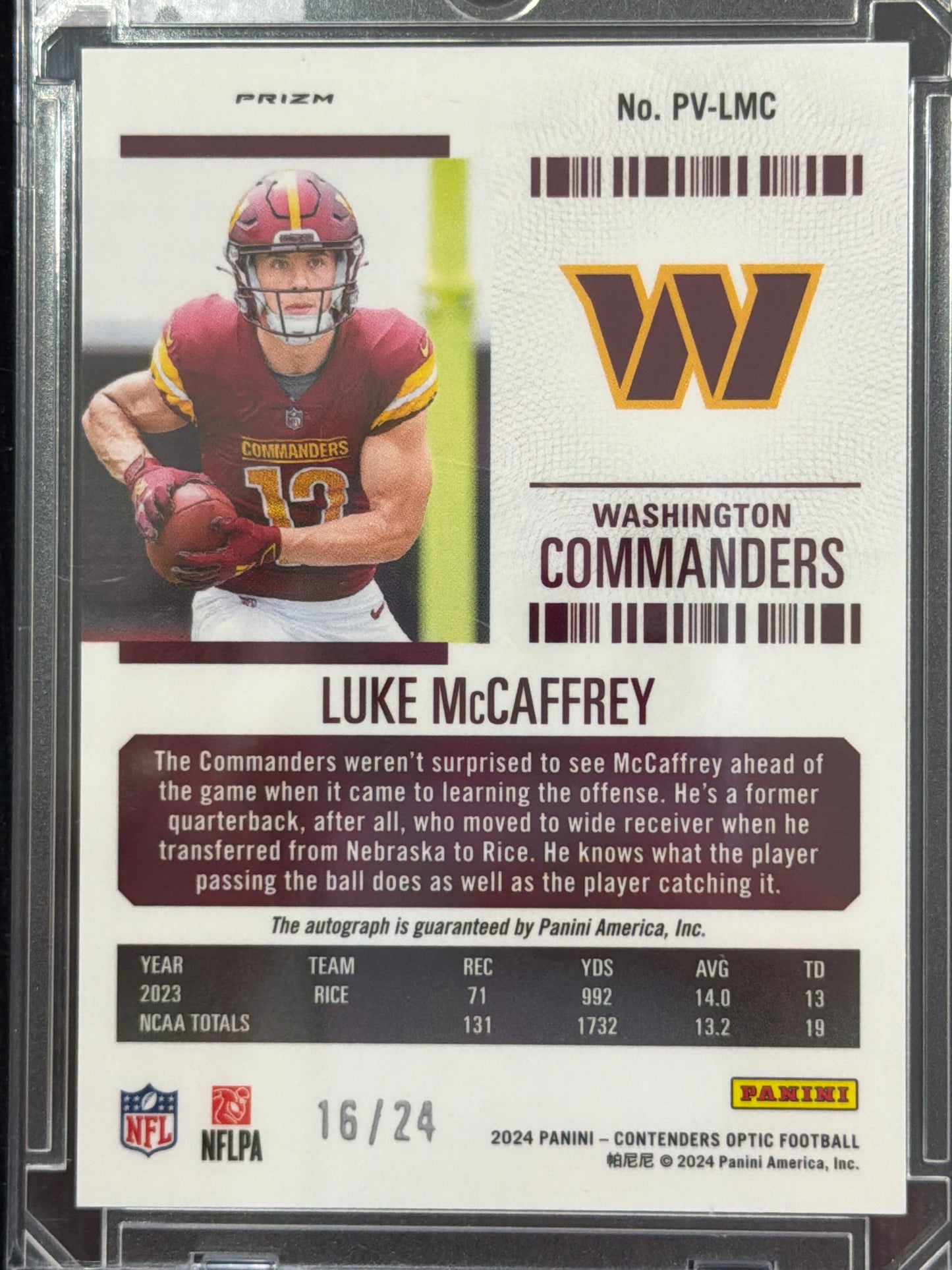 2024 Panini Contenders Optic Prizm Luke McCaffrey #PV-LMC /24 RC