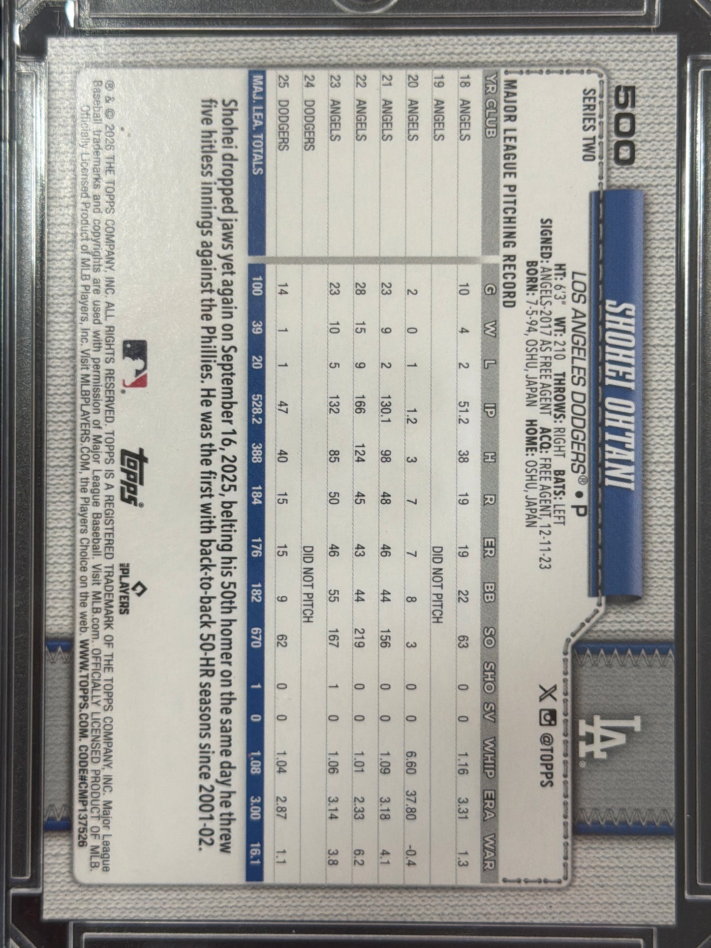 2001 Topps Series 2 Shohei Ohtani #500 Orange Sunburst Foil