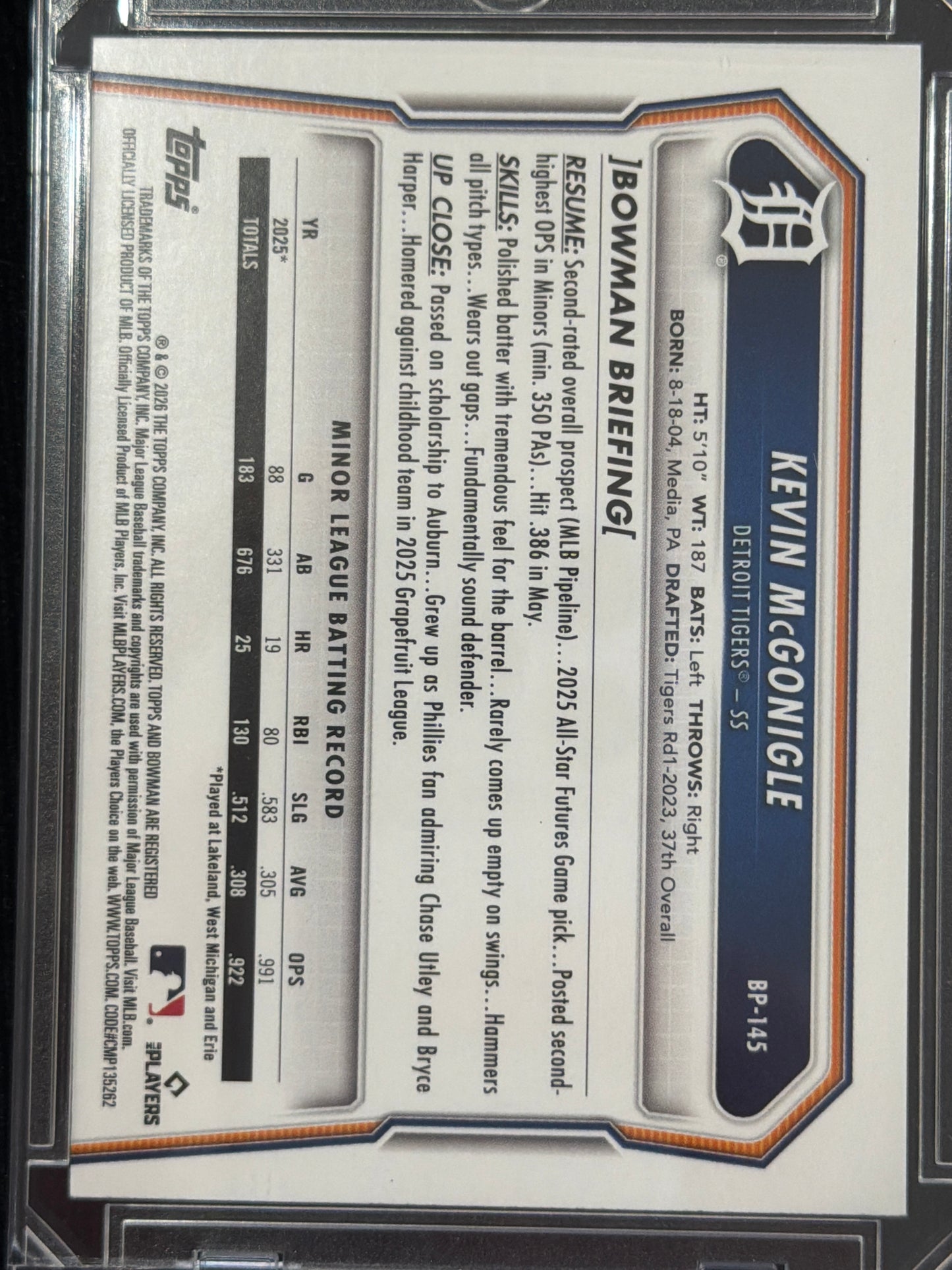 2026 Bowman Kevin McGonigle #BP-145 Blue /499