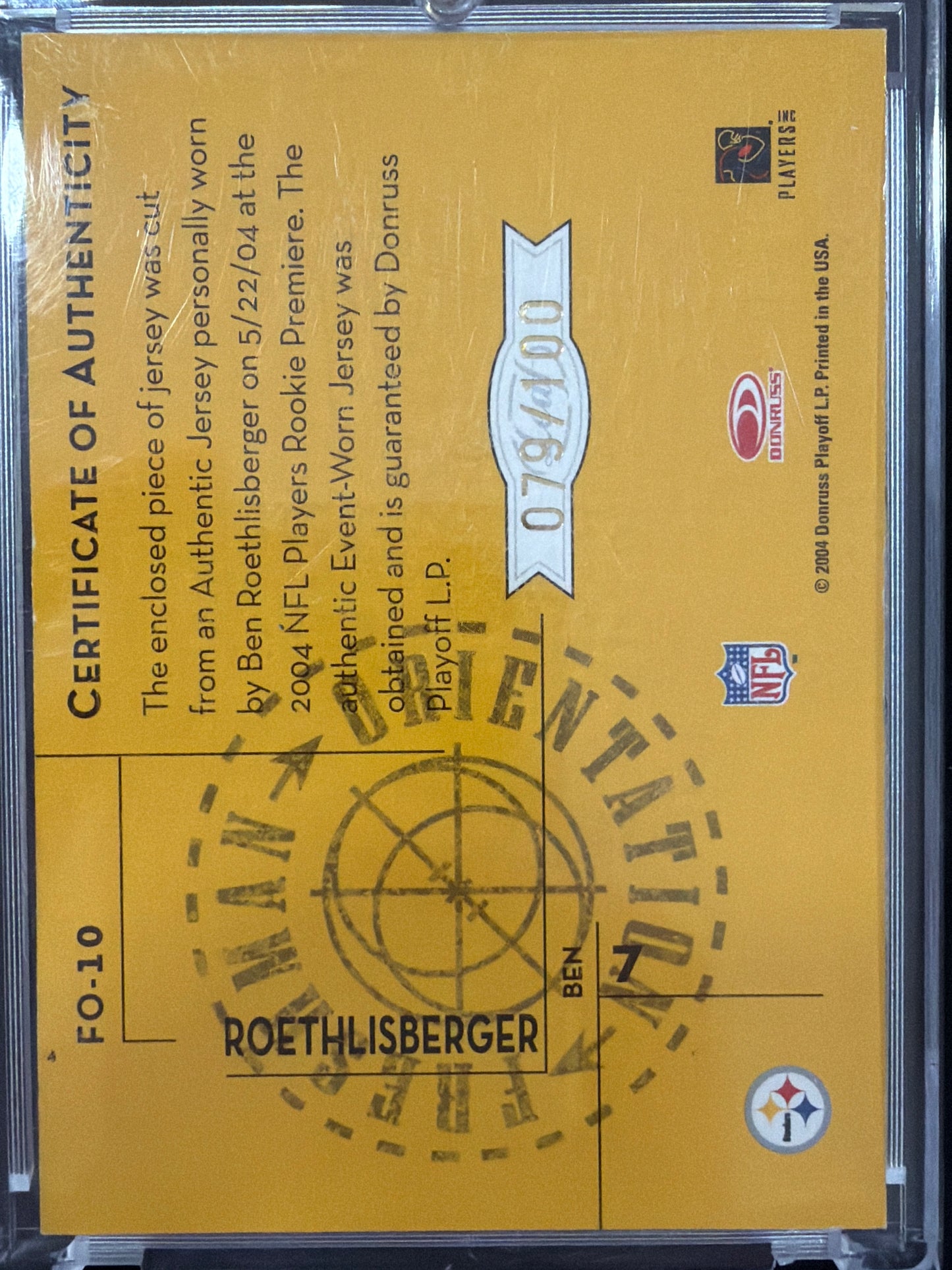 2004 Orientation Ben Roethlisberger #FO-10 Authentic Event-Worn Jersey-Prime