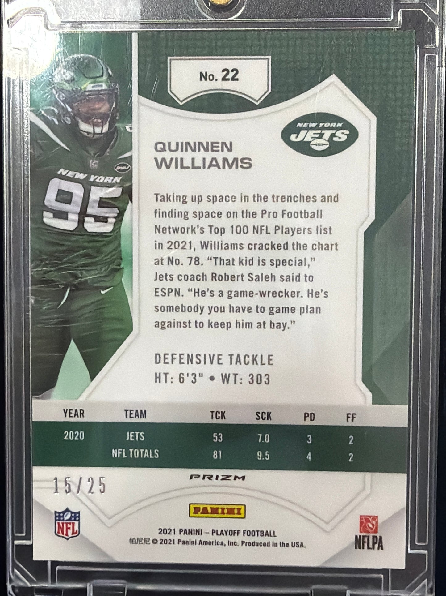 2021 Panini Playoff Prizm Quinnen Williams #22 /25
