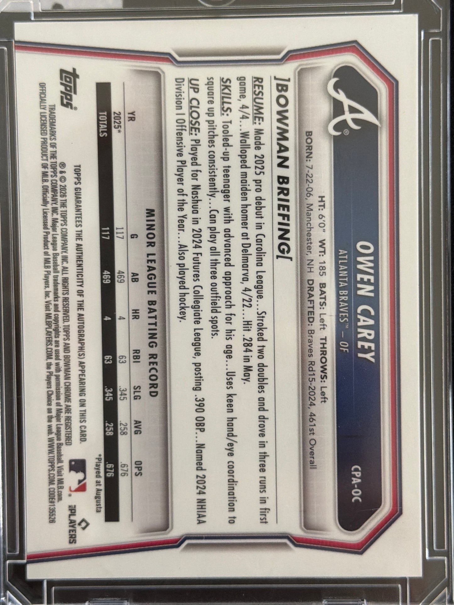 2025 Topps Bowman Chrome Owen Carey #CPA-OC 1st Bowman