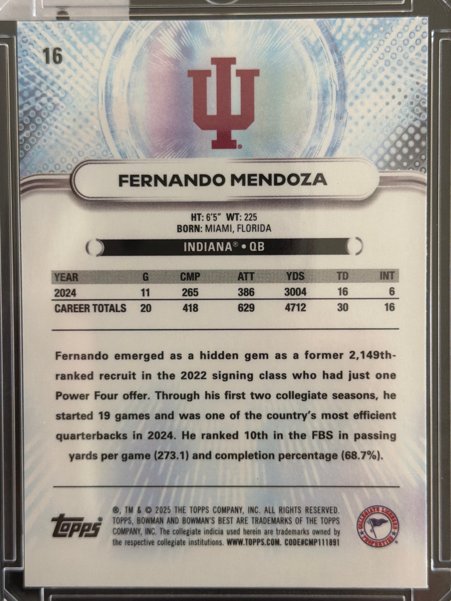 2025 Topps Bowman's Best University Fernando Mendoza #16
