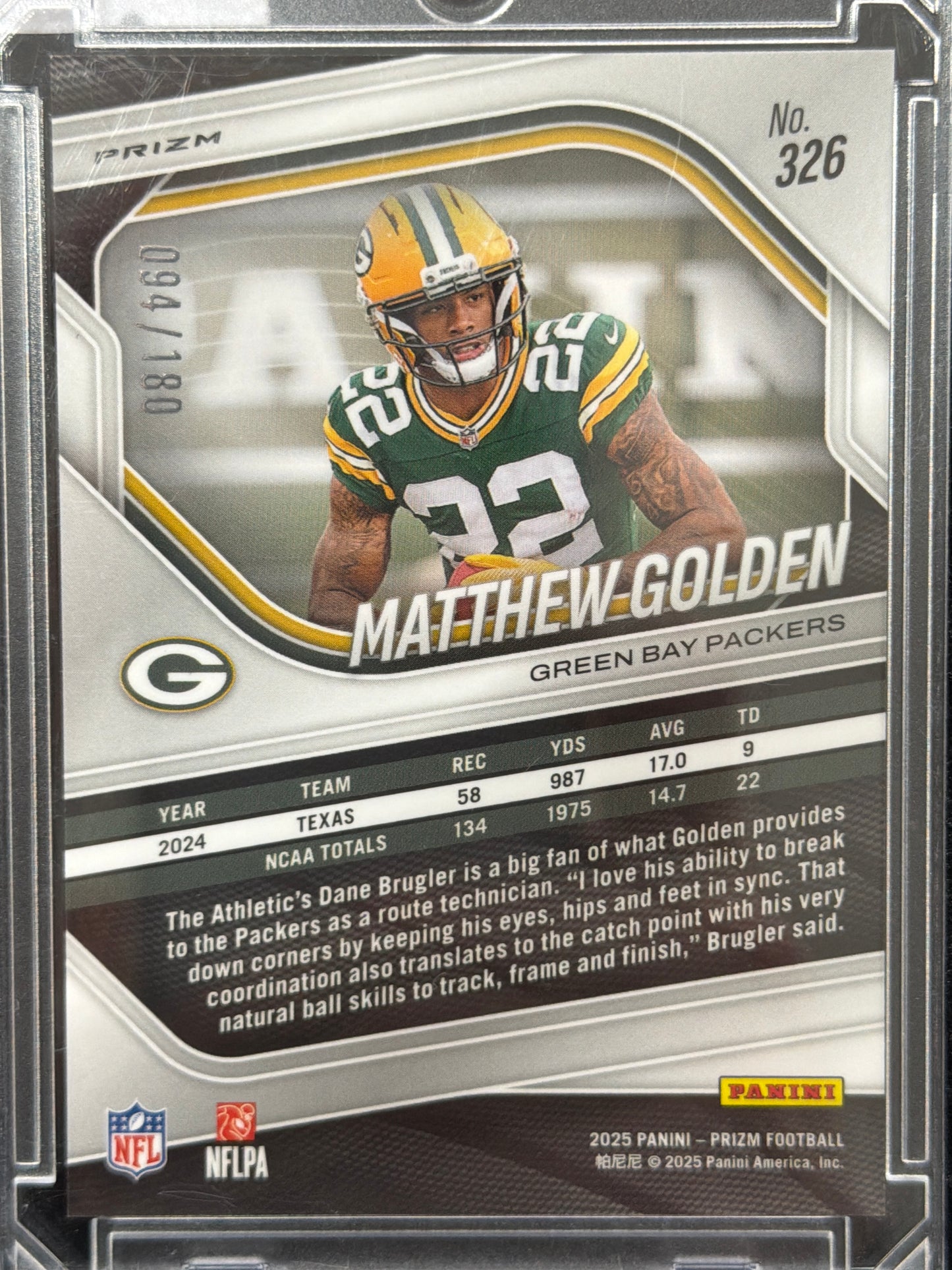 2025 Panini Prizm Football Matthew Golden #326 Orange /180 RC