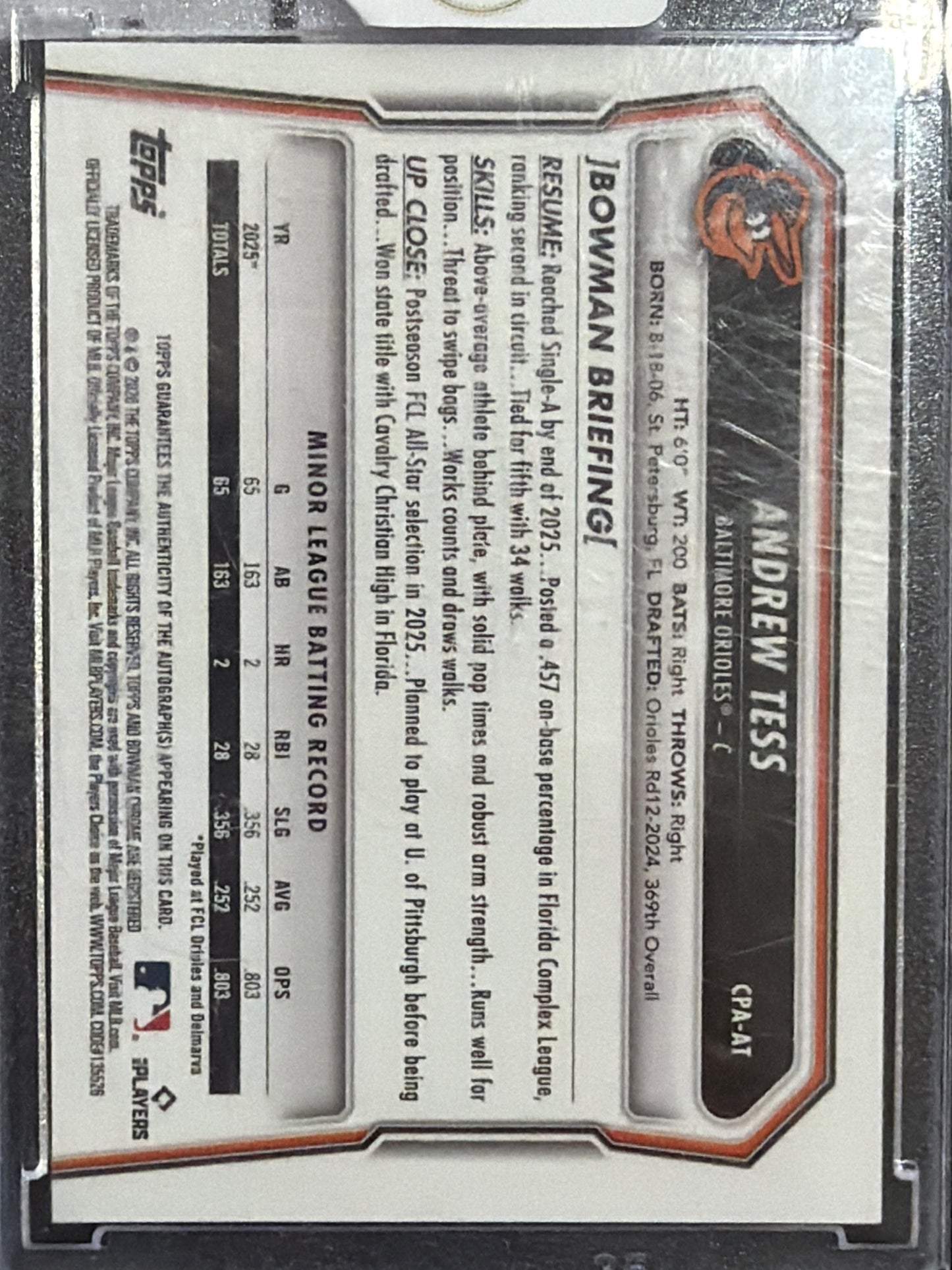 2024 Bowman Chrome Andrew Tess #CPA-AT Green Refractor /99 1st Bowman