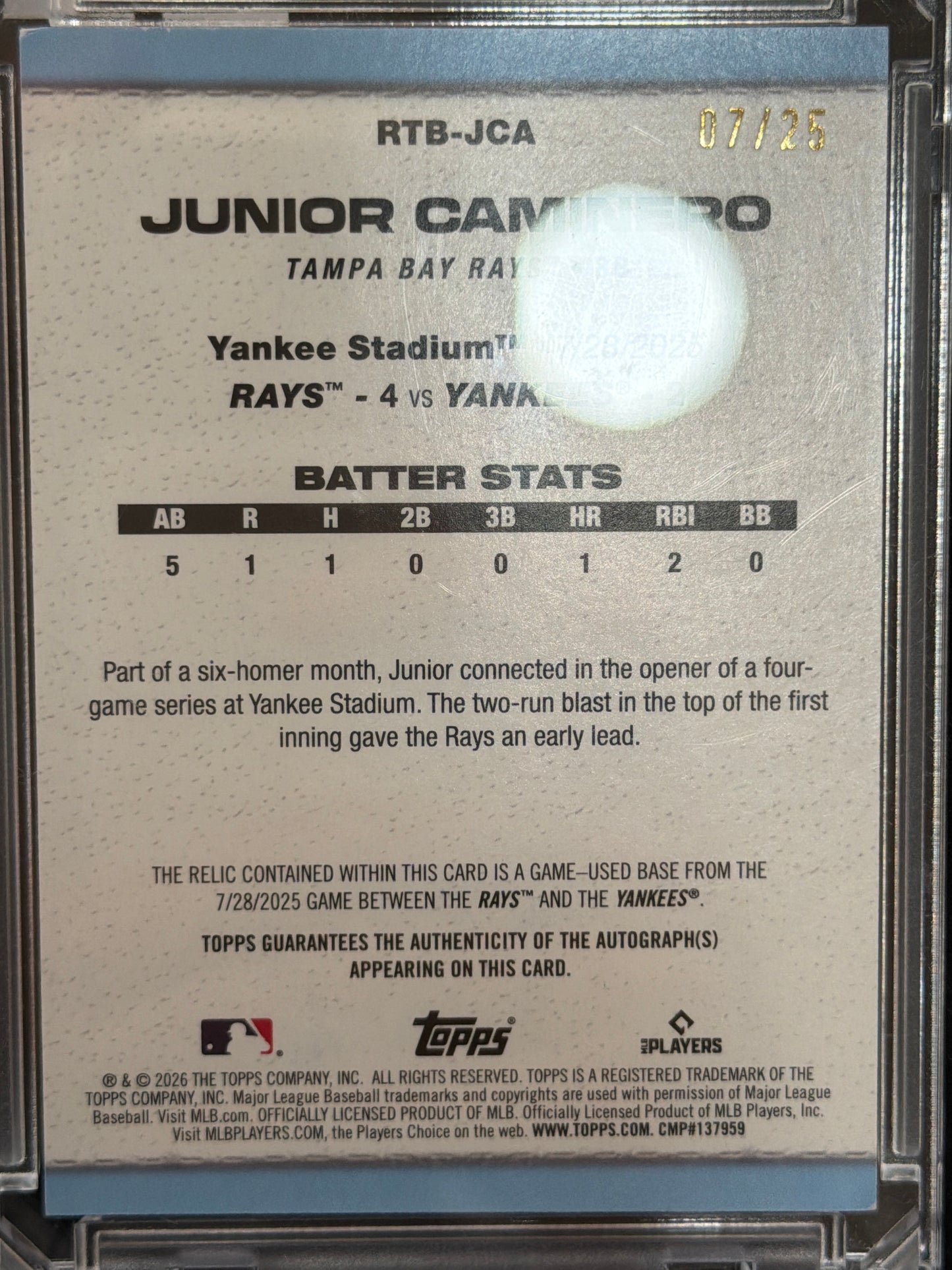 2026 Junior Caminero #RTB-JCA Orange /25 Game-Used Base Game-Used Memorabilia