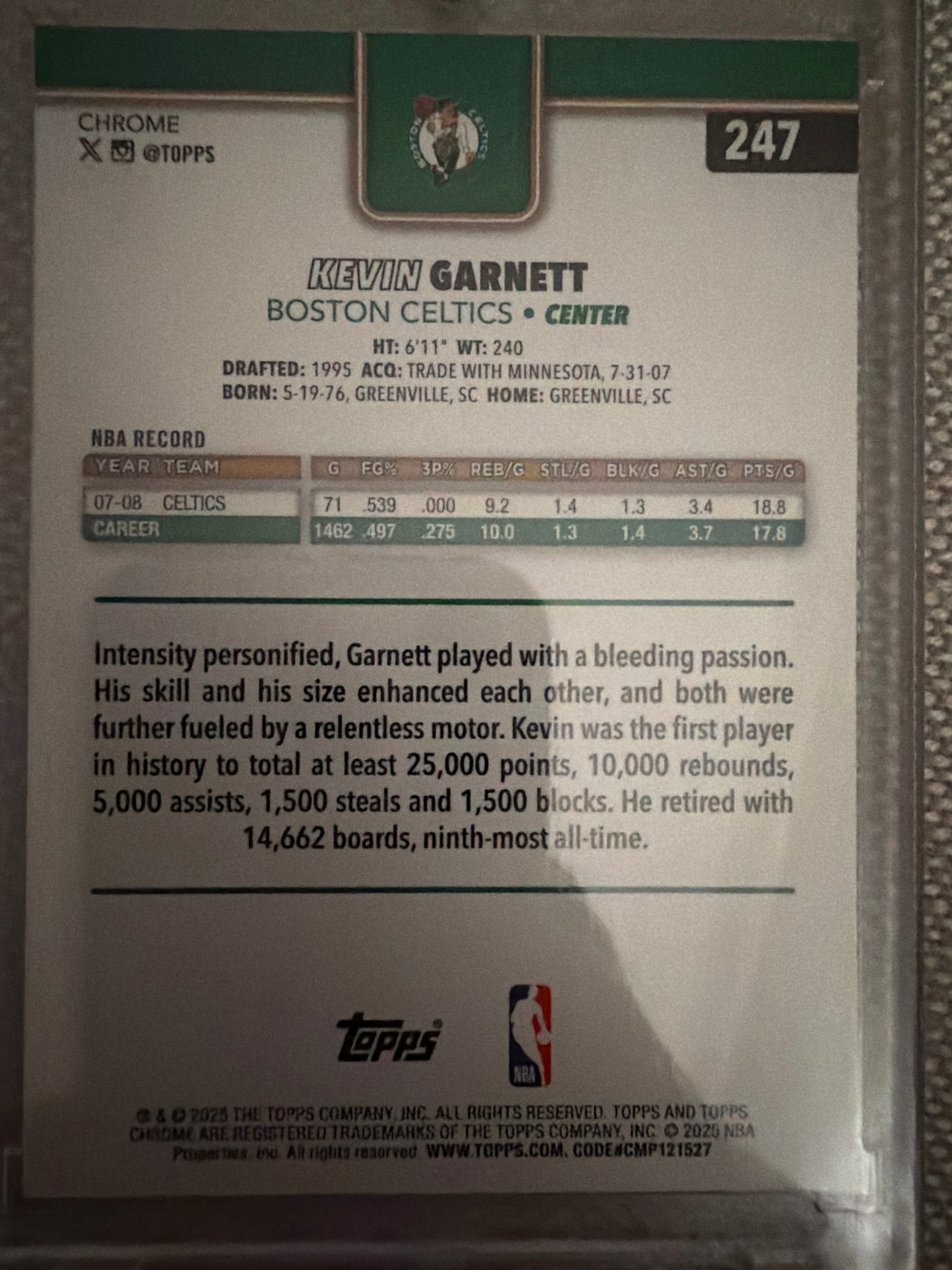2025 Topps Chrome Kevin Garnett #247 Blue Wave Refractor