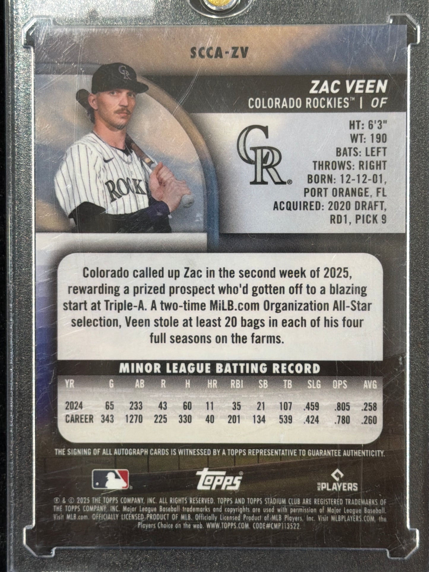 2025 Topps Stadium Club Chrome Zac Veen #SCCA-ZV Refractor RC